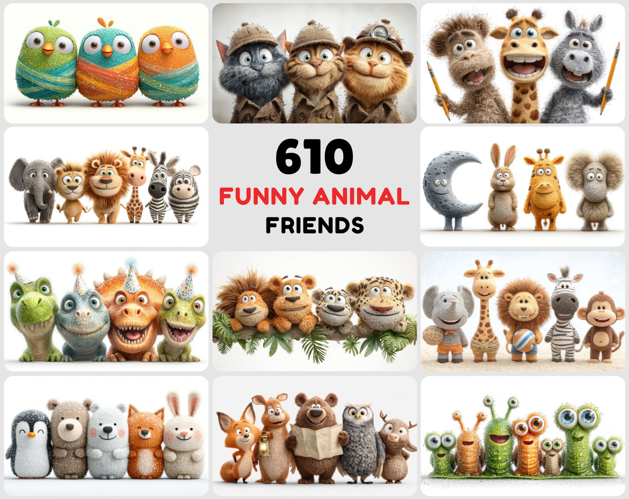 610 Funny Animal Friends Clipart – High-Resolution 3D Caricature JPGs with Commercial License