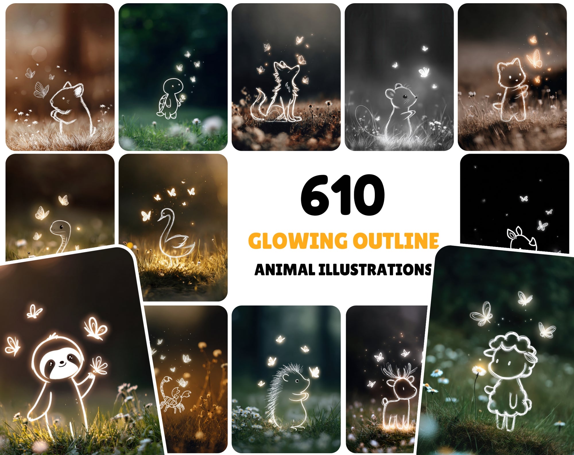 610 Glowing Outline Animal Illustrations – Cute Minimalist Kids Art with Commercial License