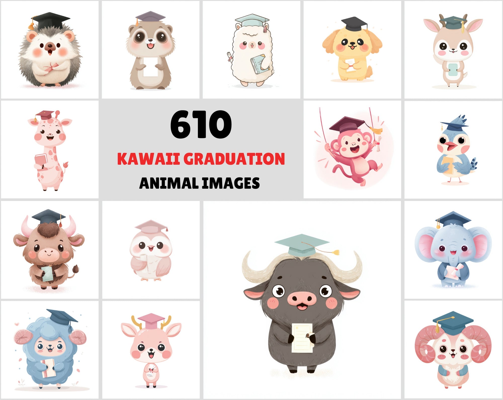 610 Kawaii Graduation Animal Clipart – High-Res JPGs | Commercial Use