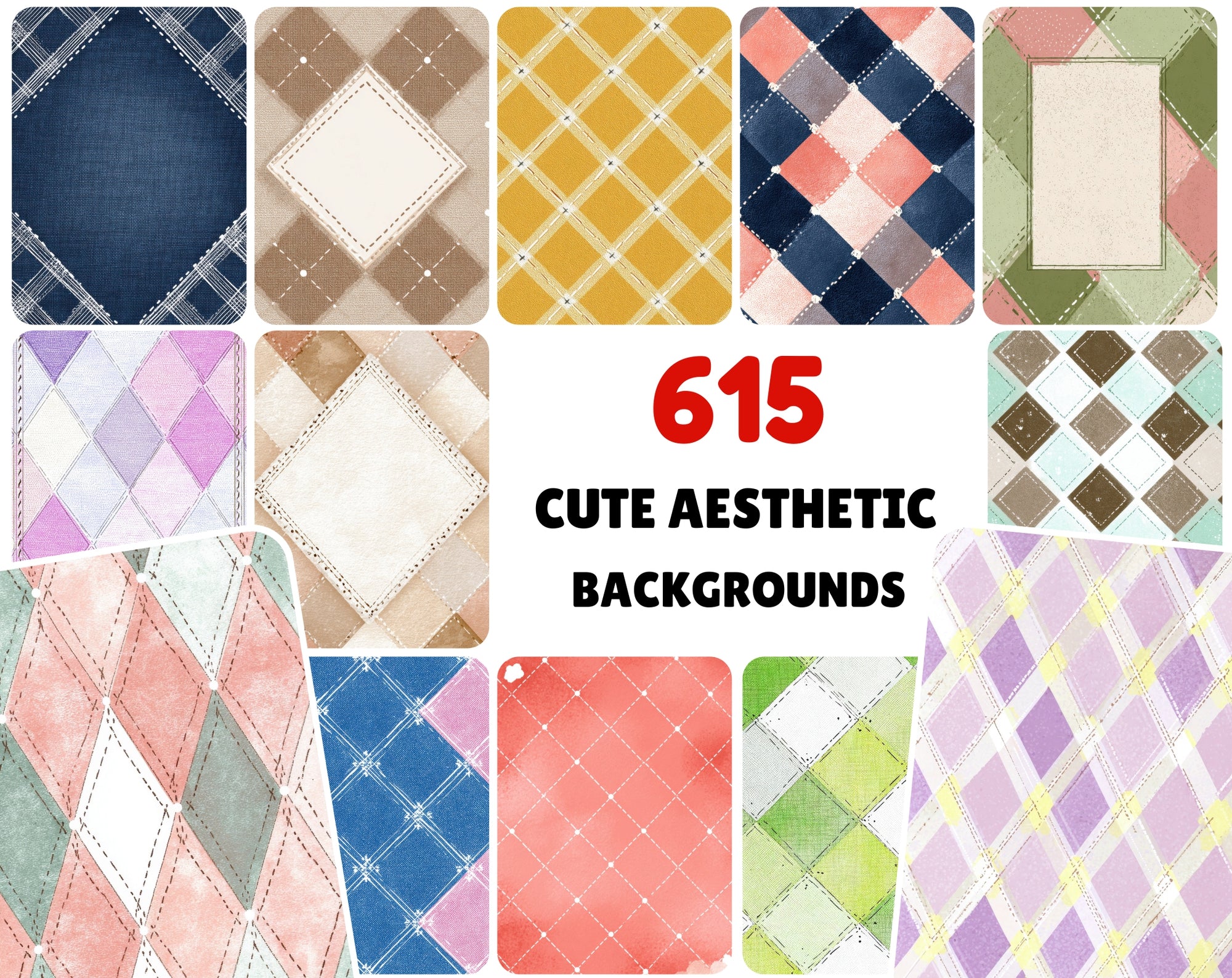 615 Cute Journal Backgrounds Bundle – Pastel Checkered Digital Papers, Aesthetic Scrapbook Pages, Dreamy Crayon Texture JPG Pack