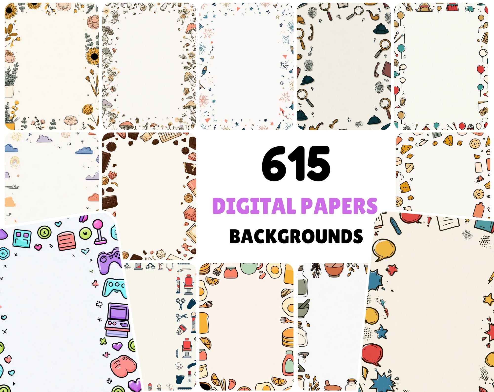 615 Digital Paper Pack | Printable Scrapbook Backgrounds, Junk Journal Papers & Textured Patterns for Crafts