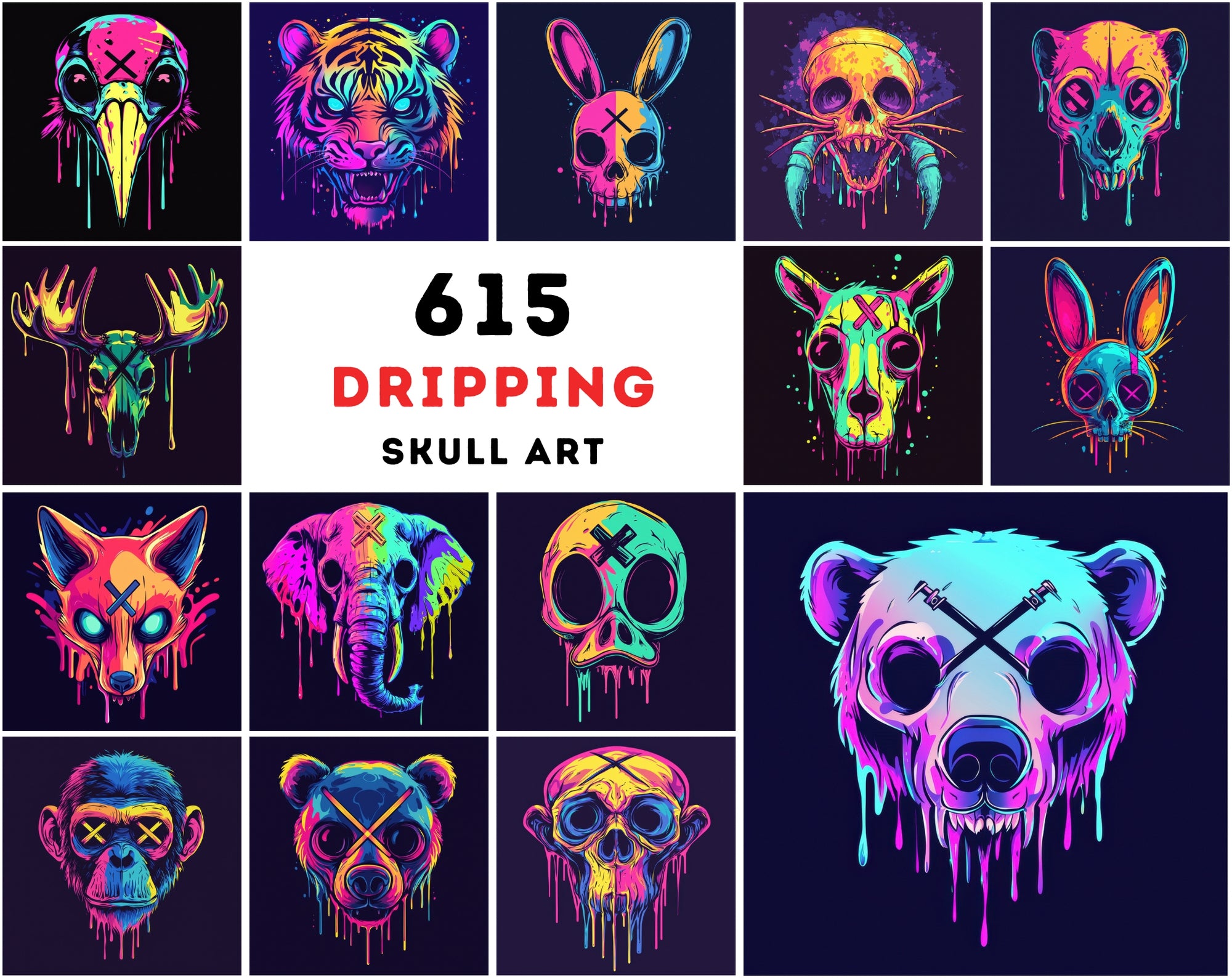 615 Dripping Skull Illustrations – Neon Animal Art, Dark Aesthetic, Commercial Use