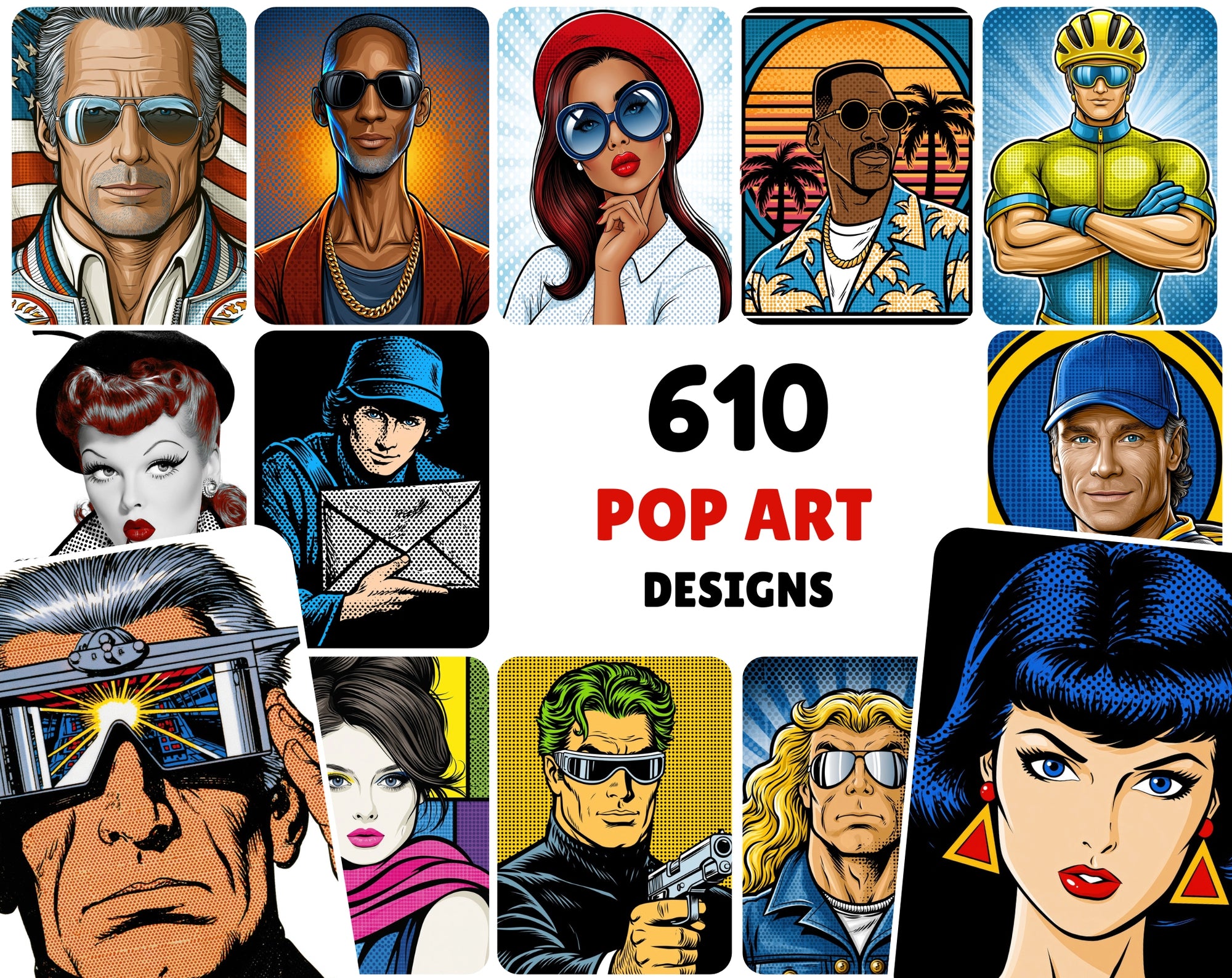 615 Pop Art Portrait Images, Commercial Use JPG Bundle, Retro Synthwave Comic Illustrations for Prints & Digital Design