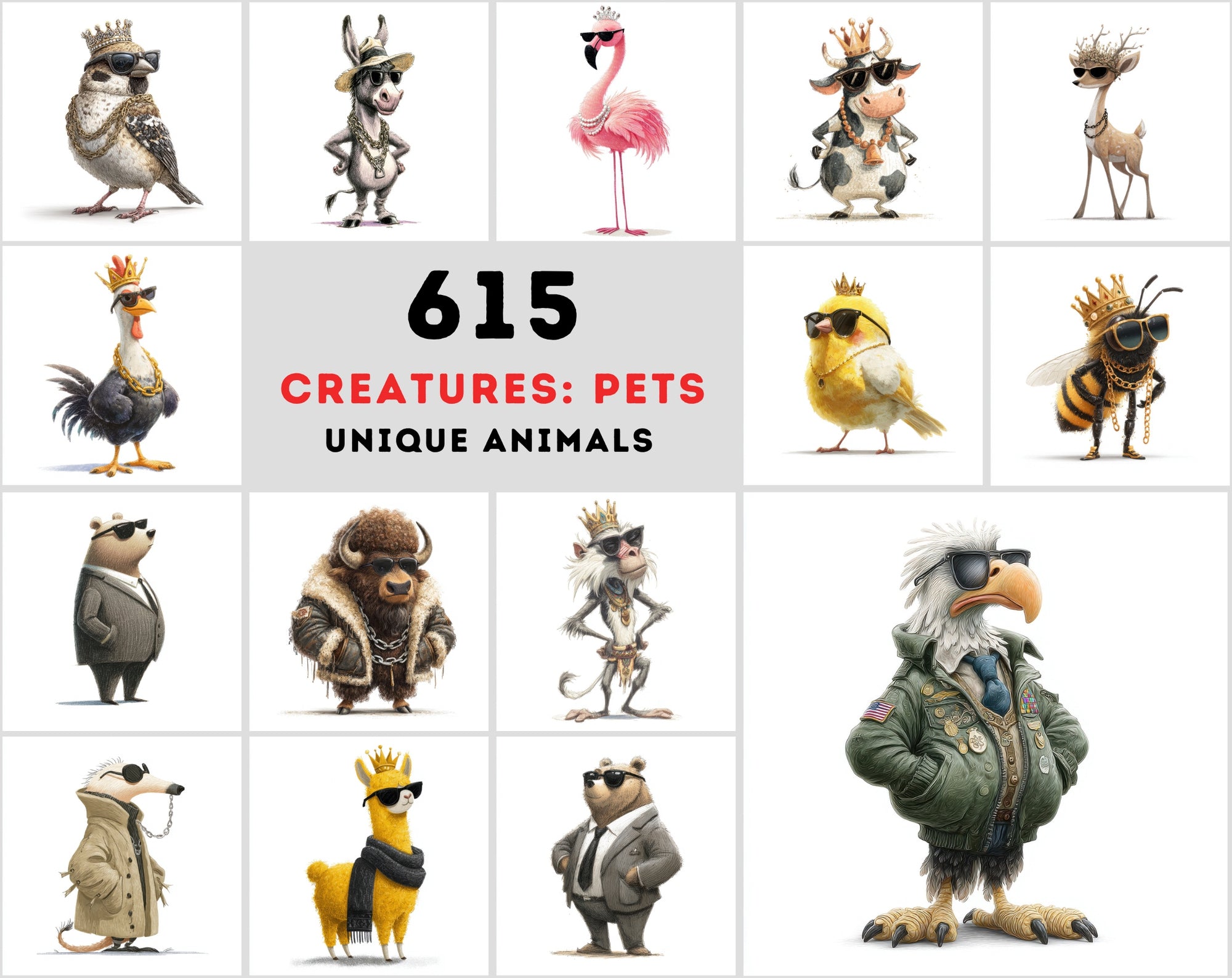 615+ Animal Clipart Mega Bundle, High-Res JPGs, Commercial Use, Vibrant Cartoon Animals for Sublimation, Stickers & Web Design