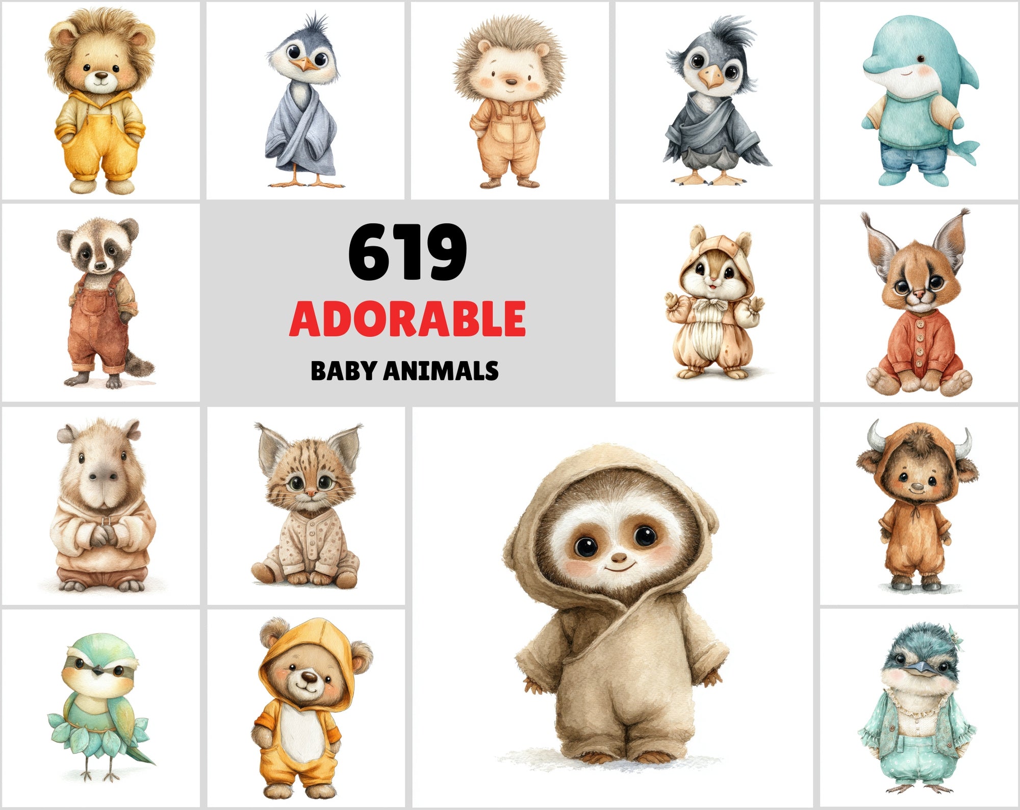 619 Baby Animal Watercolor Clipart Bundle | Cute Pastel Nursery & Baby Shower Illustrations