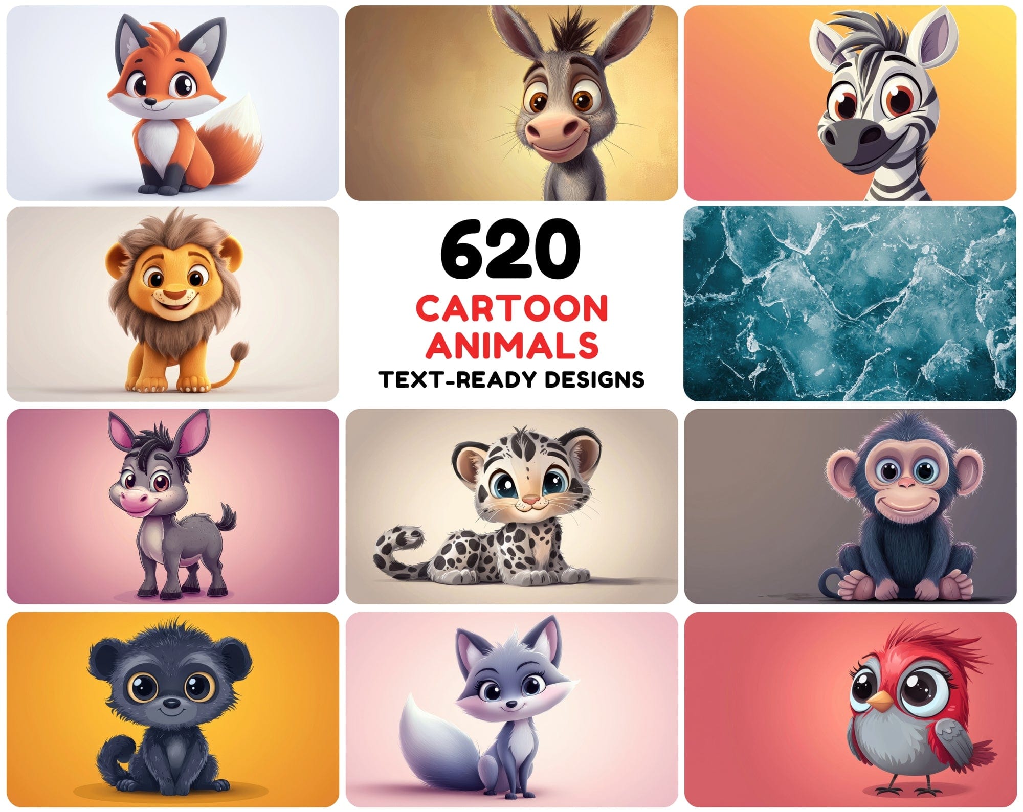 620 Adorable Cartoon Animals with Gradient Backgrounds Digital Download Sumobundle