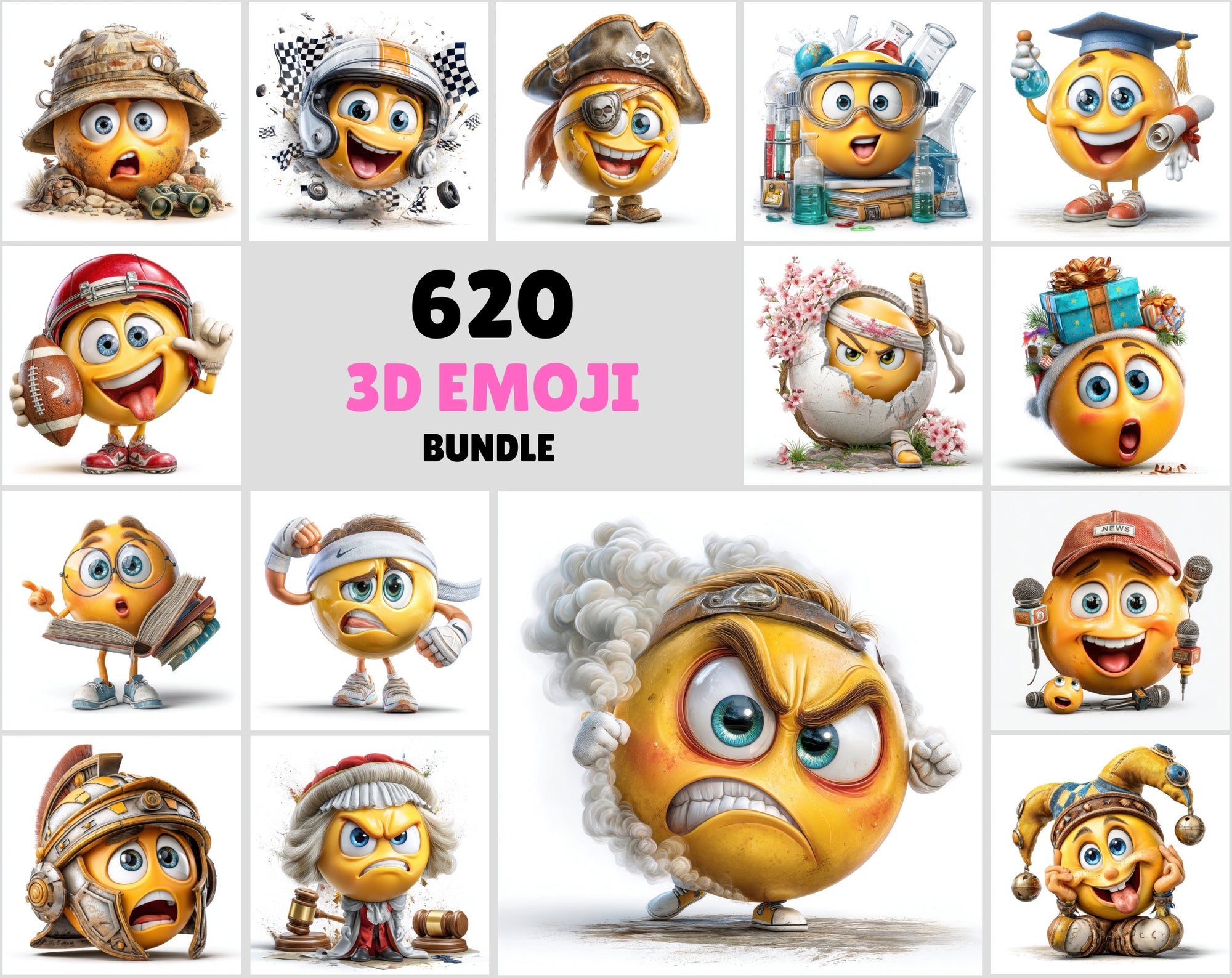 620 3D Emoji Clipart Bundle | High-Res JPG Images | Commercial License | Digital Download Graphics