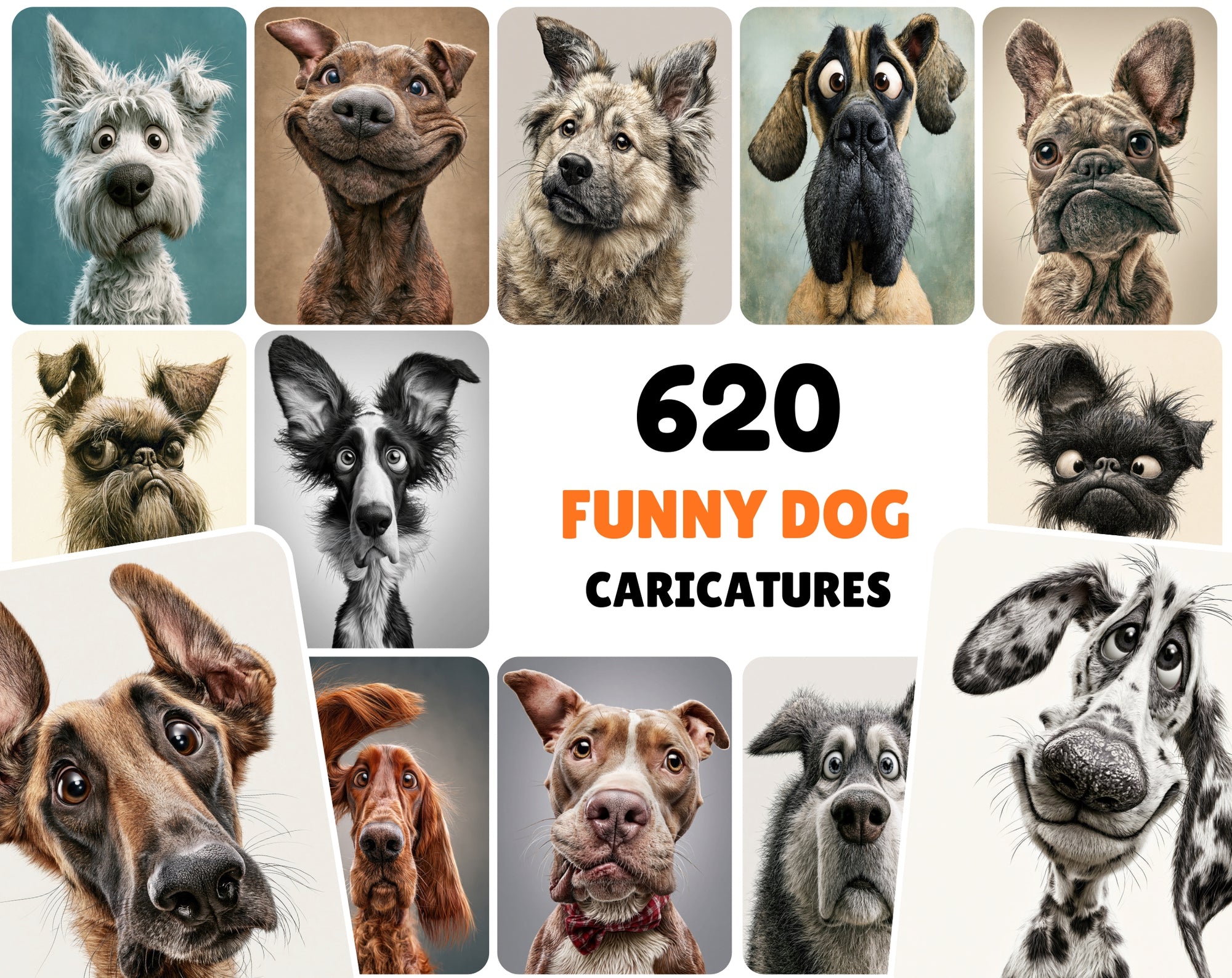 620 Caricature Dogs Clipart Bundle | Funny Dog Portrait JPG Images for Commercial Use