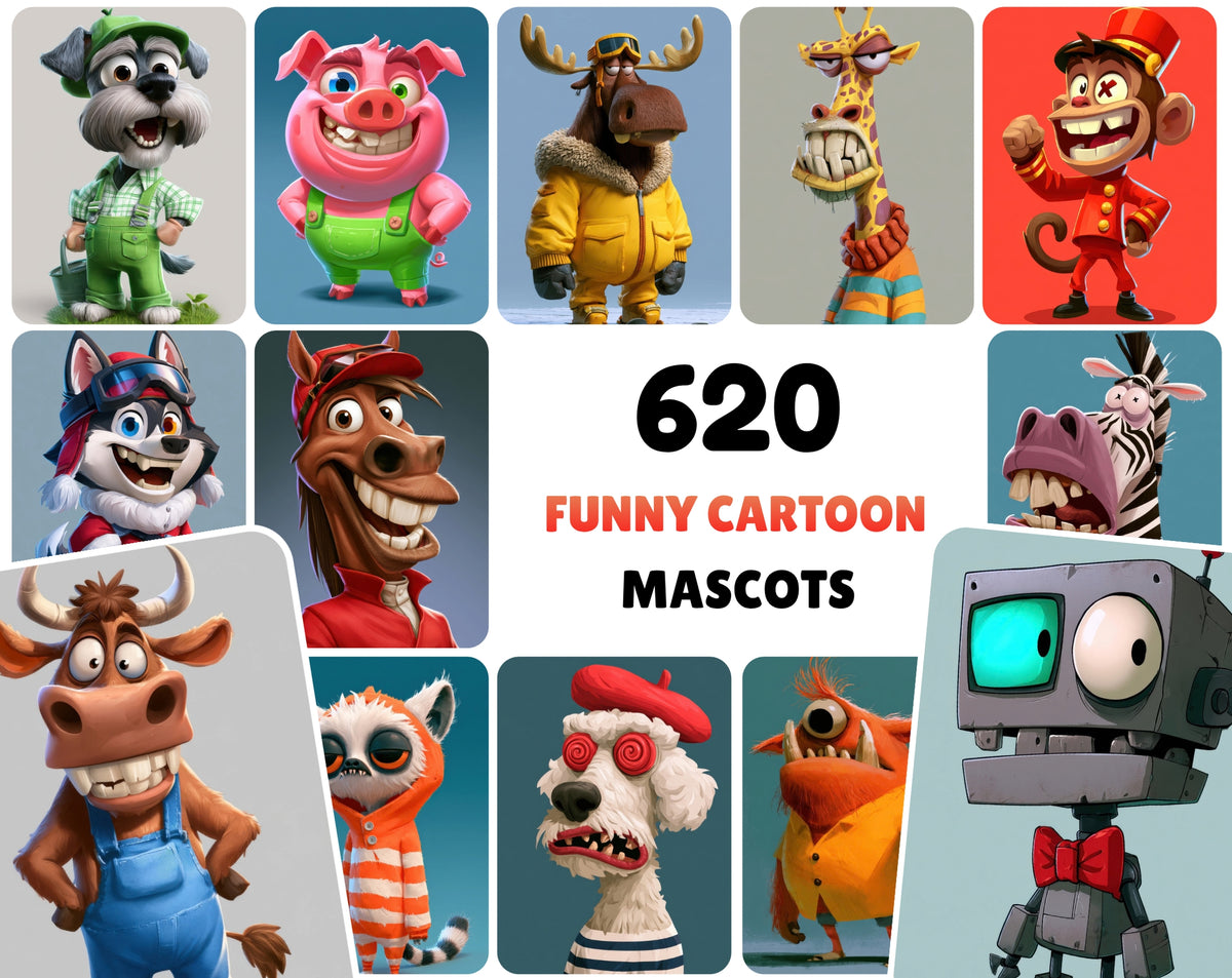 620 Cartoon Mascot Characters Bundle – Funny 2D Game Art Animals & Monsters