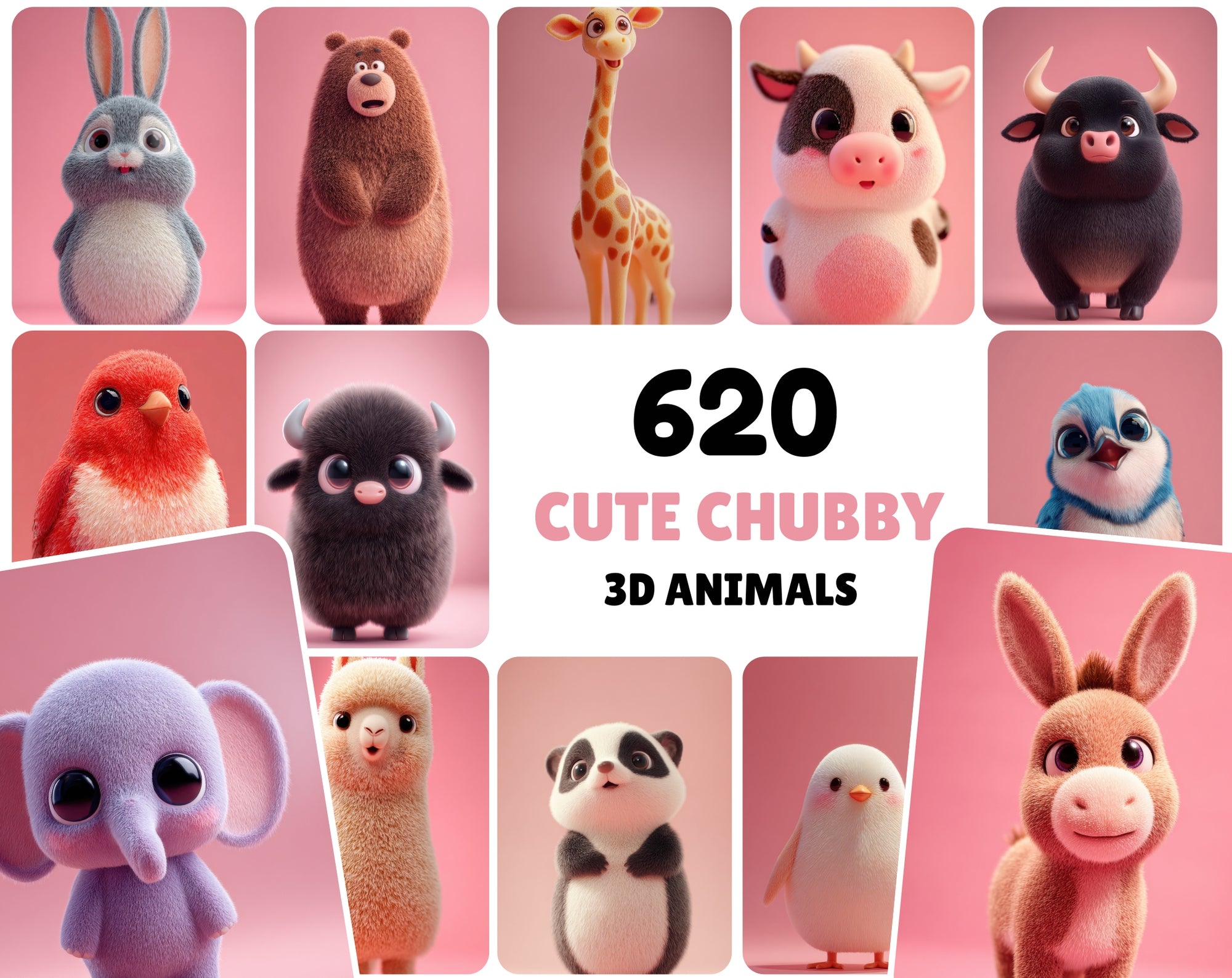 620 Chubby 3D Animals – Cute Kawaii Anime-Style JPGs (3672×6552) • Commercial Use