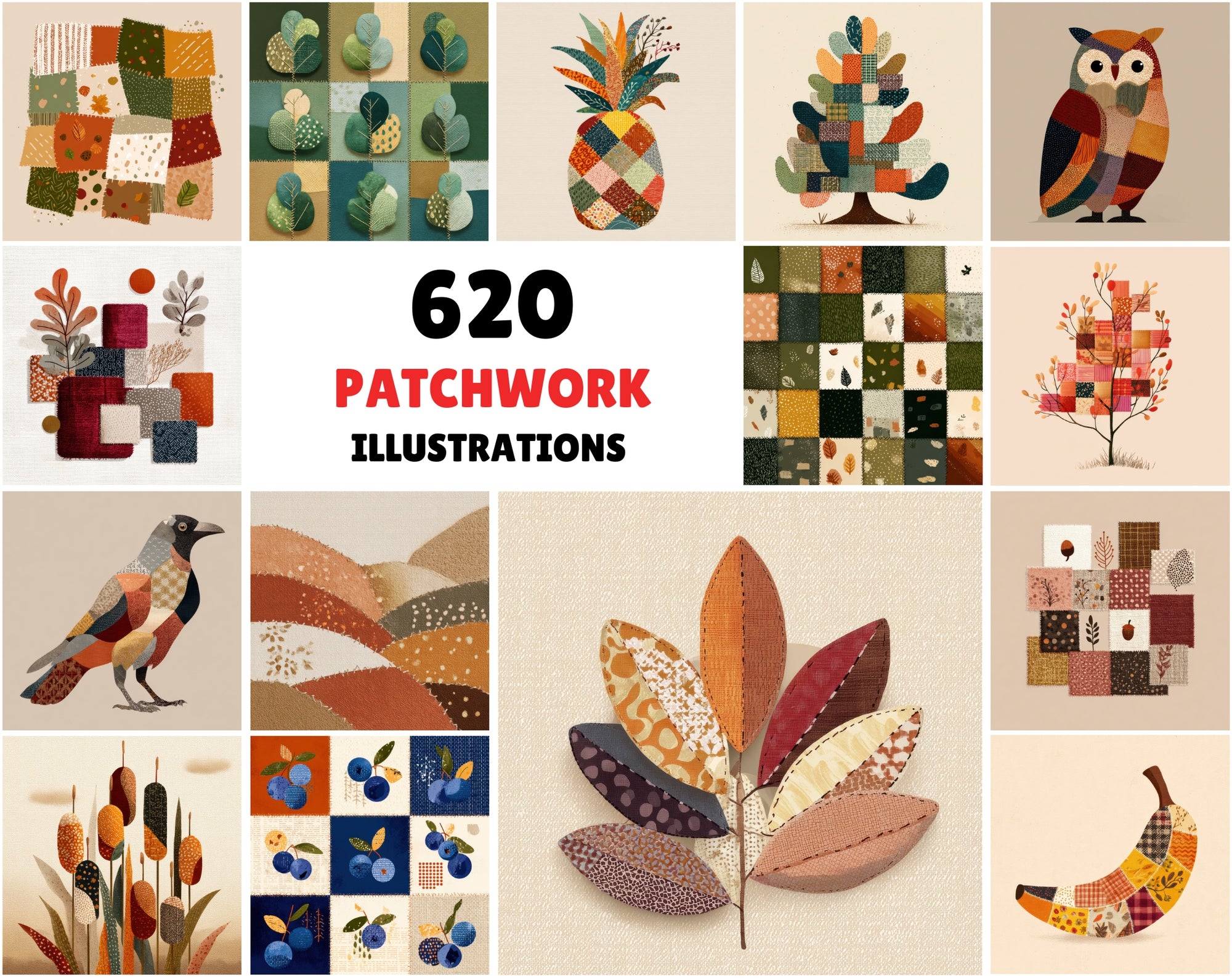 620 Cozy Patchwork Illustrations | Autumn Fabric Clipart | Stitched Fall Elements