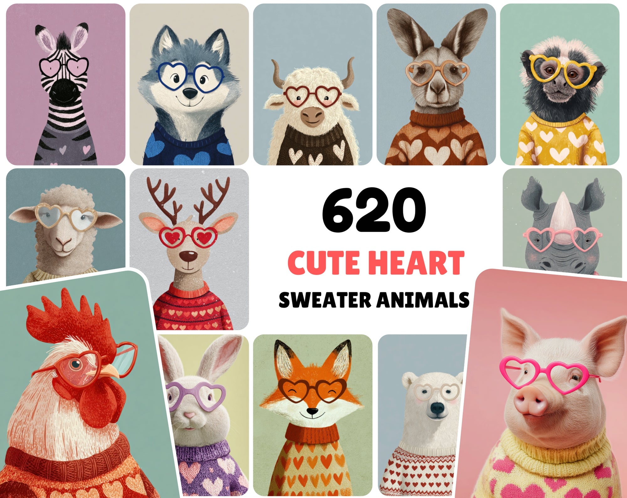 620 Cute Animals Clipart Bundle JPG | Heart Sweater Animals + Heart Glasses