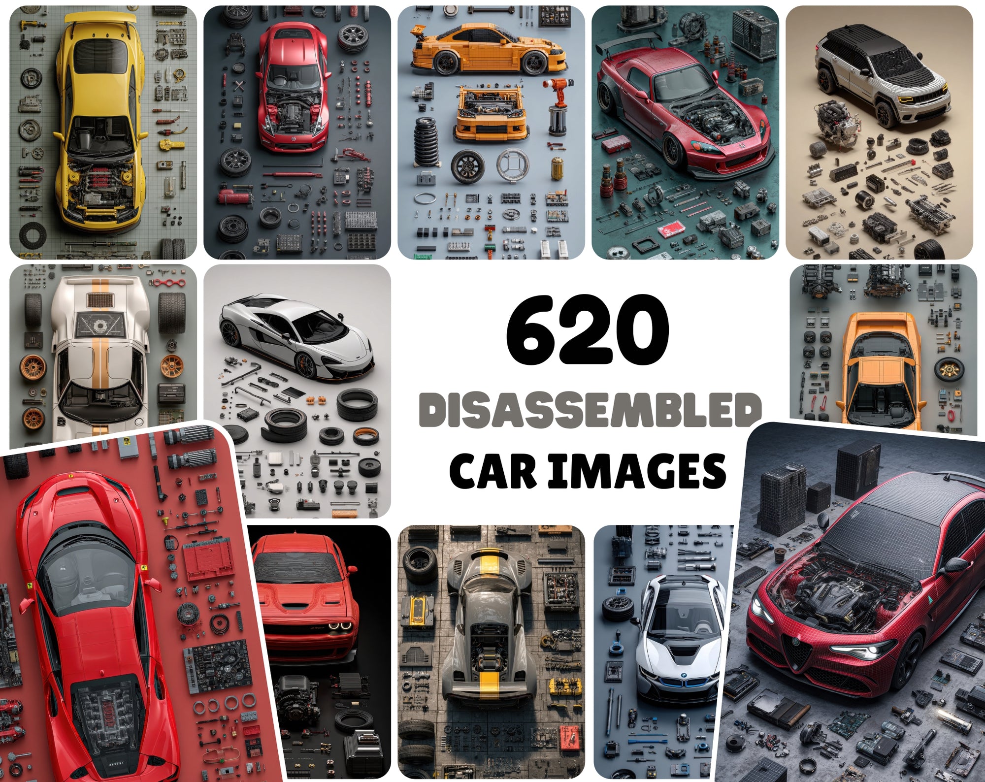 620 Disassembled Supercar Images | Automotive Parts Art