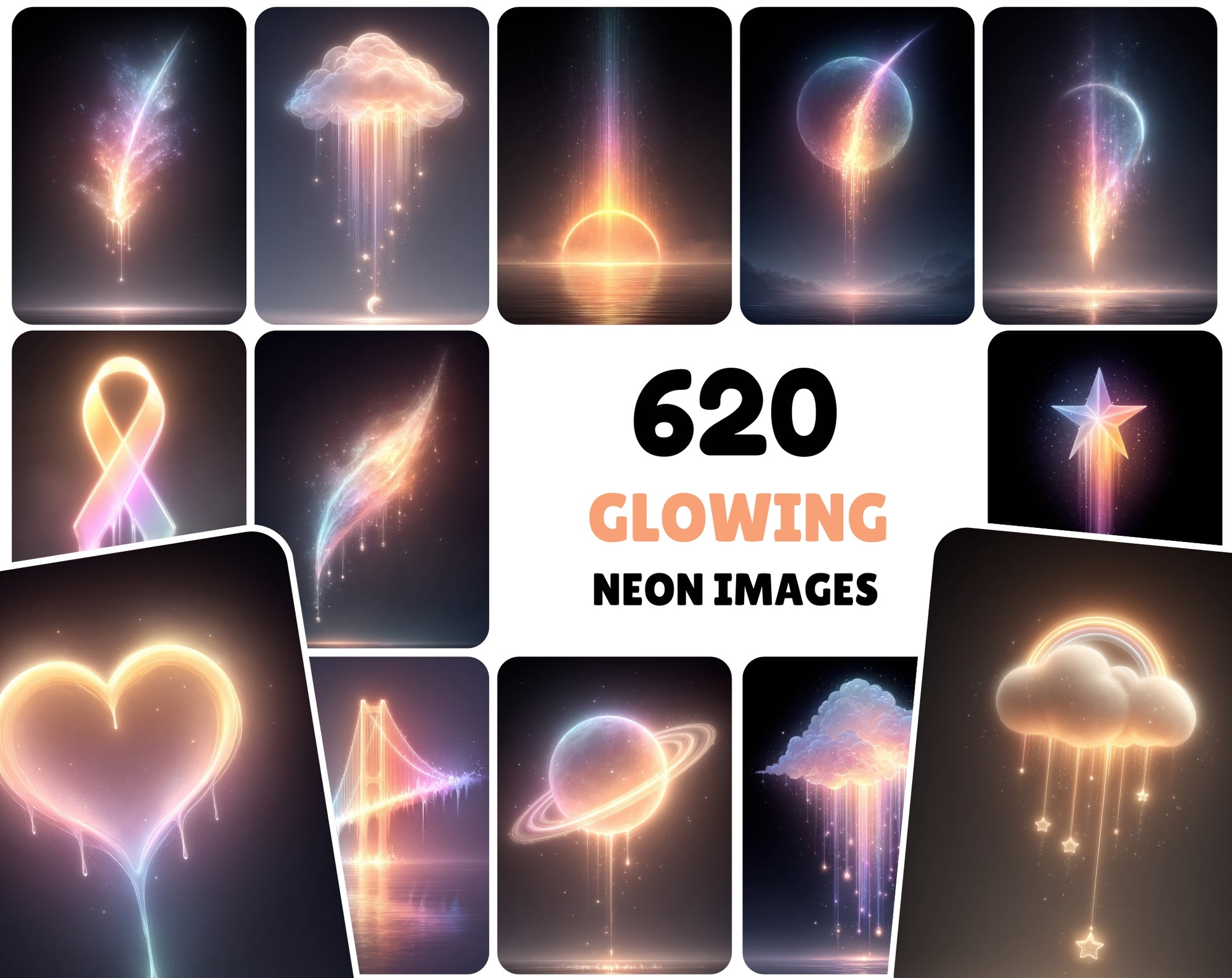620 Glowing Rainbow Neon Images | Luminous Cosmic Art | Sparkling Dripping Stars, Moons, Clouds & Hearts