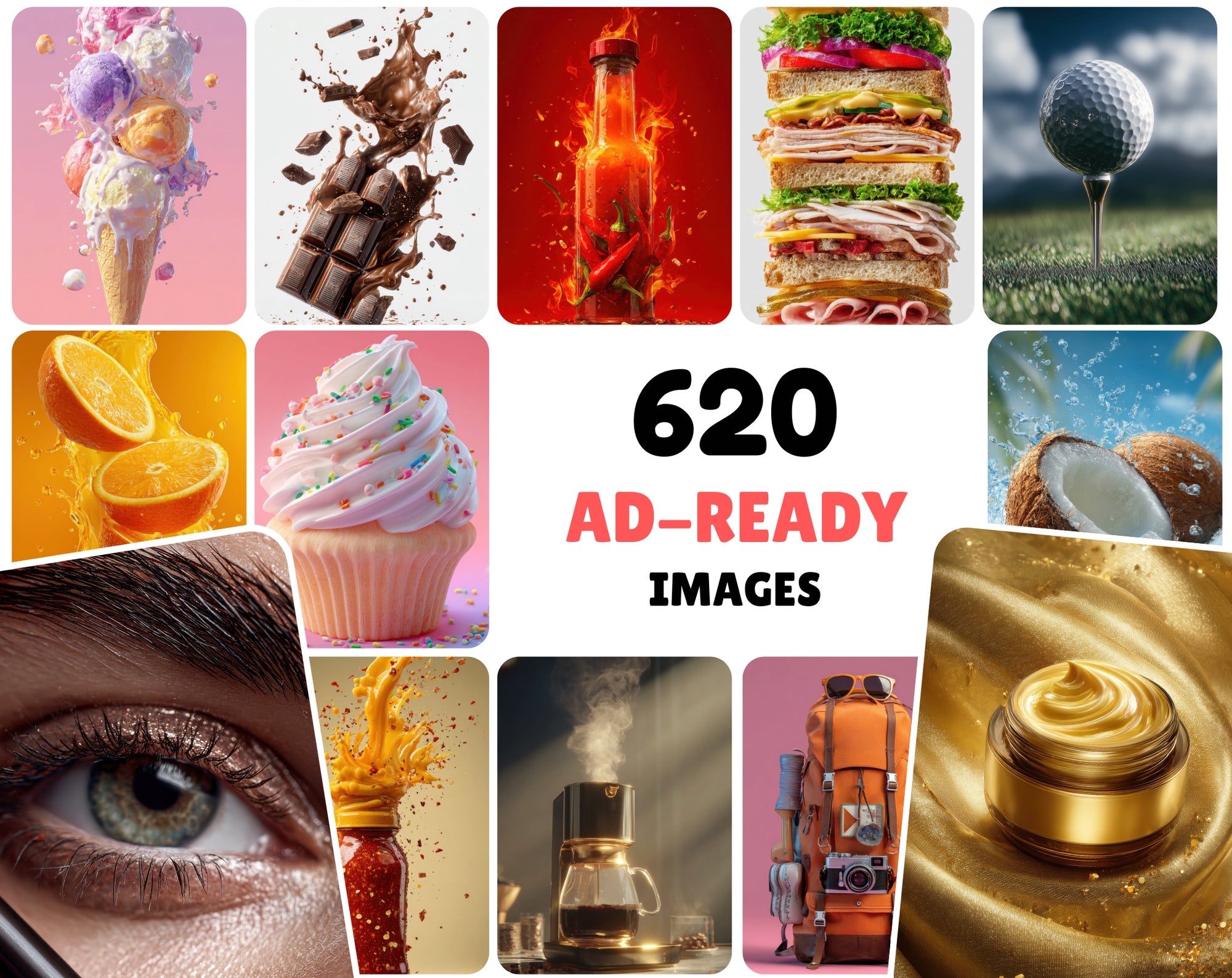 620 Hyper-Realistic Advertising Photos Bundle | Food, Beauty, Tech & Lifestyle Images