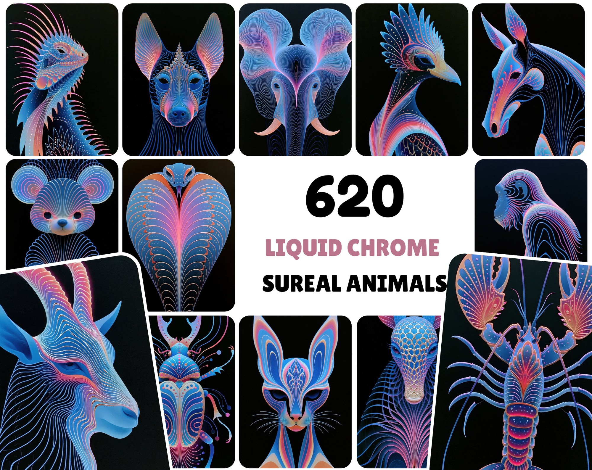 620 Liquid Chrome Animals Bundle | Neon Magenta Macro Art