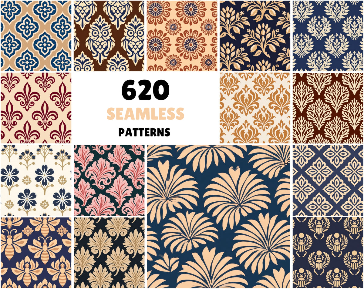 620 Seamless Patterns Bundle – Two-Color Vector Textile Designs, Tileable JPG & Photoshop PAT, Commercial License