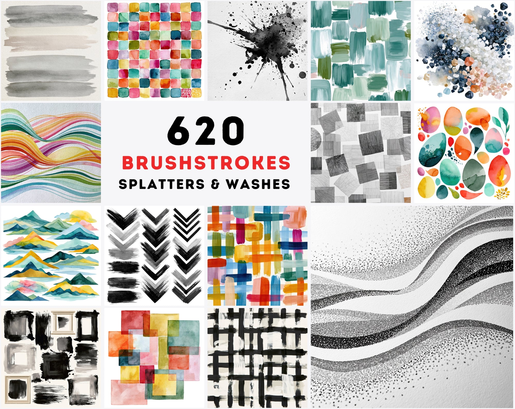 620 Watercolor Graphic Elements Clipart Bundle | Abstract Ink Brushstrokes, Splatters & Washes