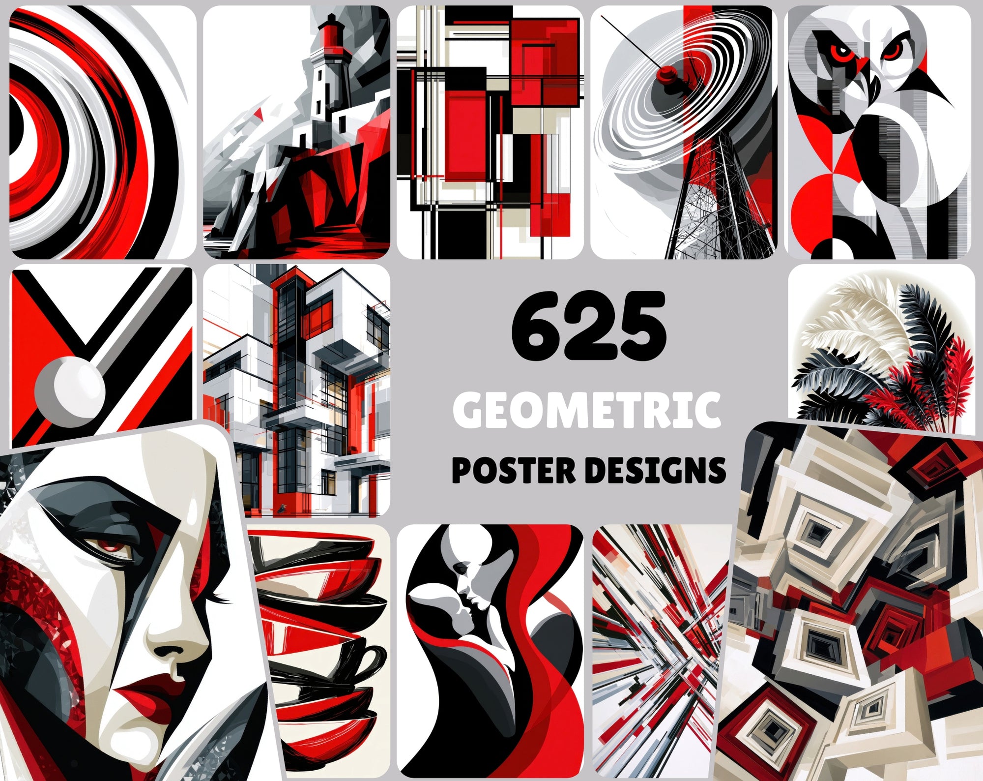 625 Abstract Art Prints Bundle | Red Black White Geometric Posters | Bauhaus Cubist Wall Art