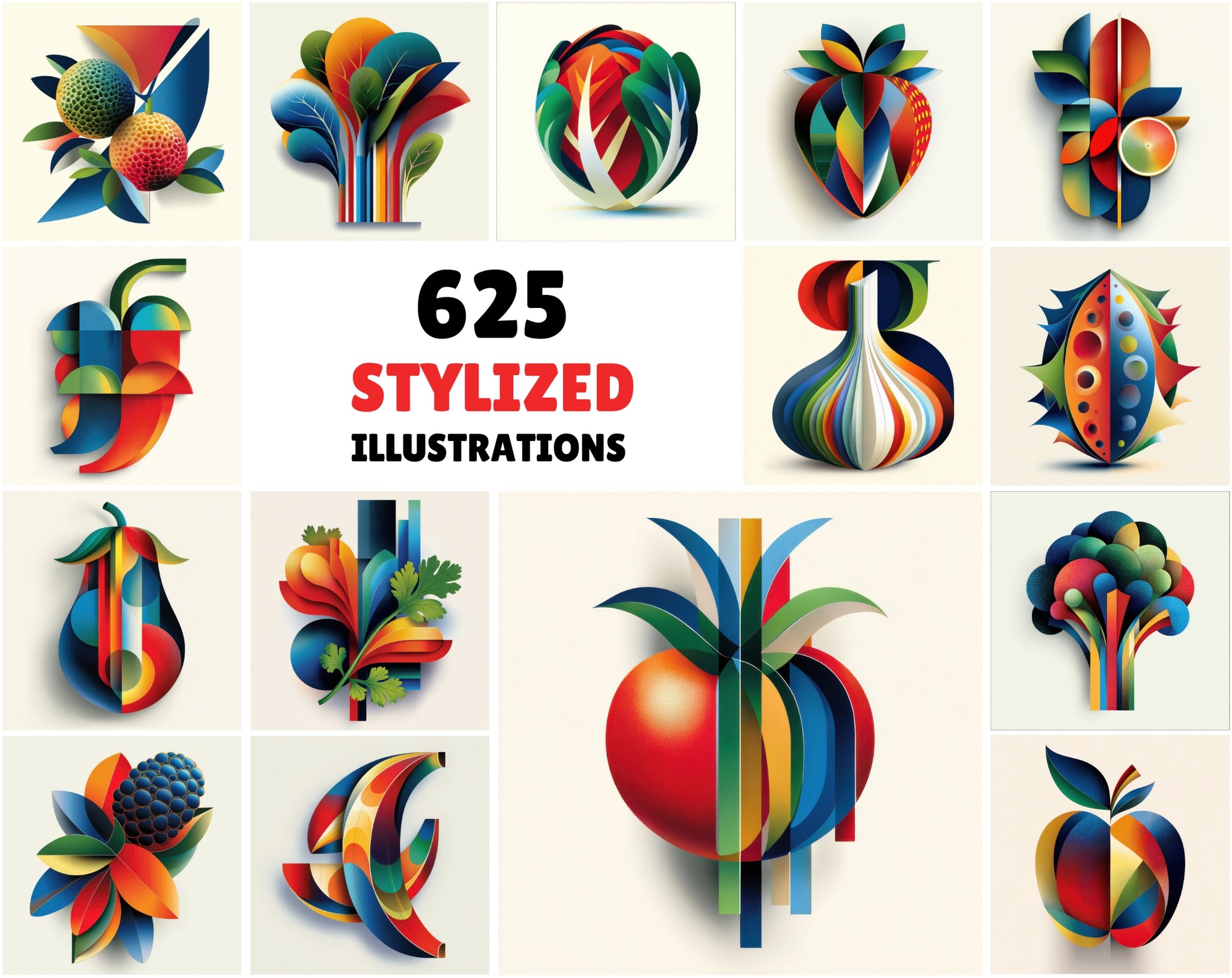 625 Abstract Fruit & Vegetable Illustrations | Colorful Geometric Gradient Food Clipart