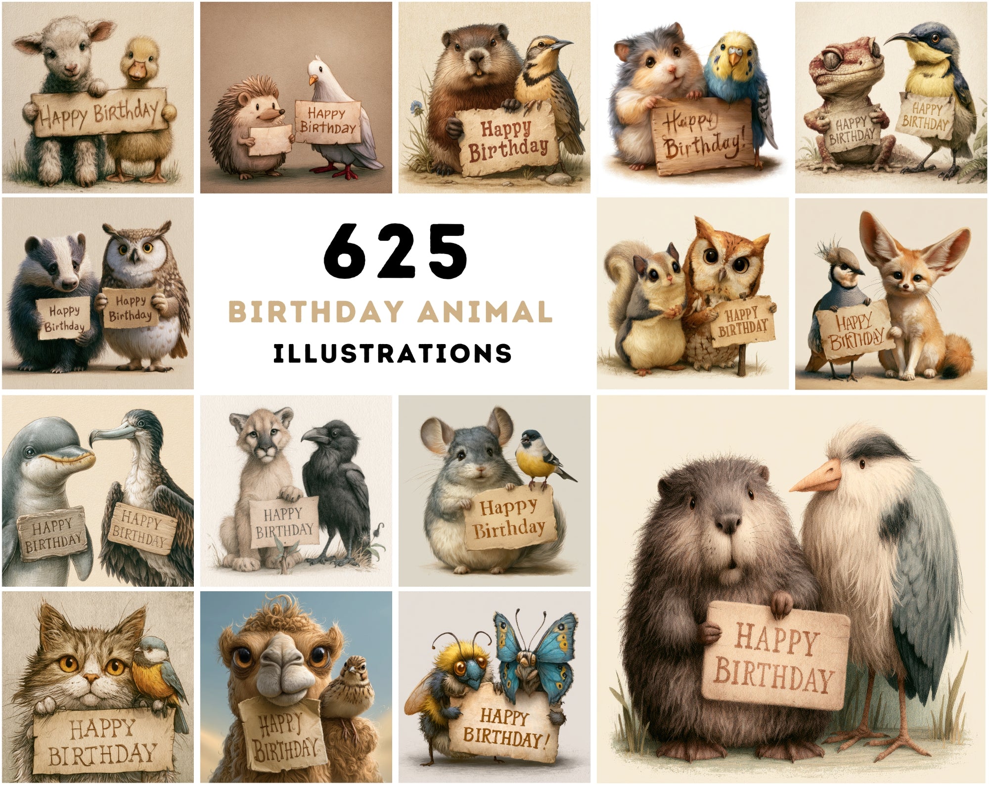 625 Birthday Animals Clipart Bundle | Fairy Tale Animal Birthday Card PNG JPG Set