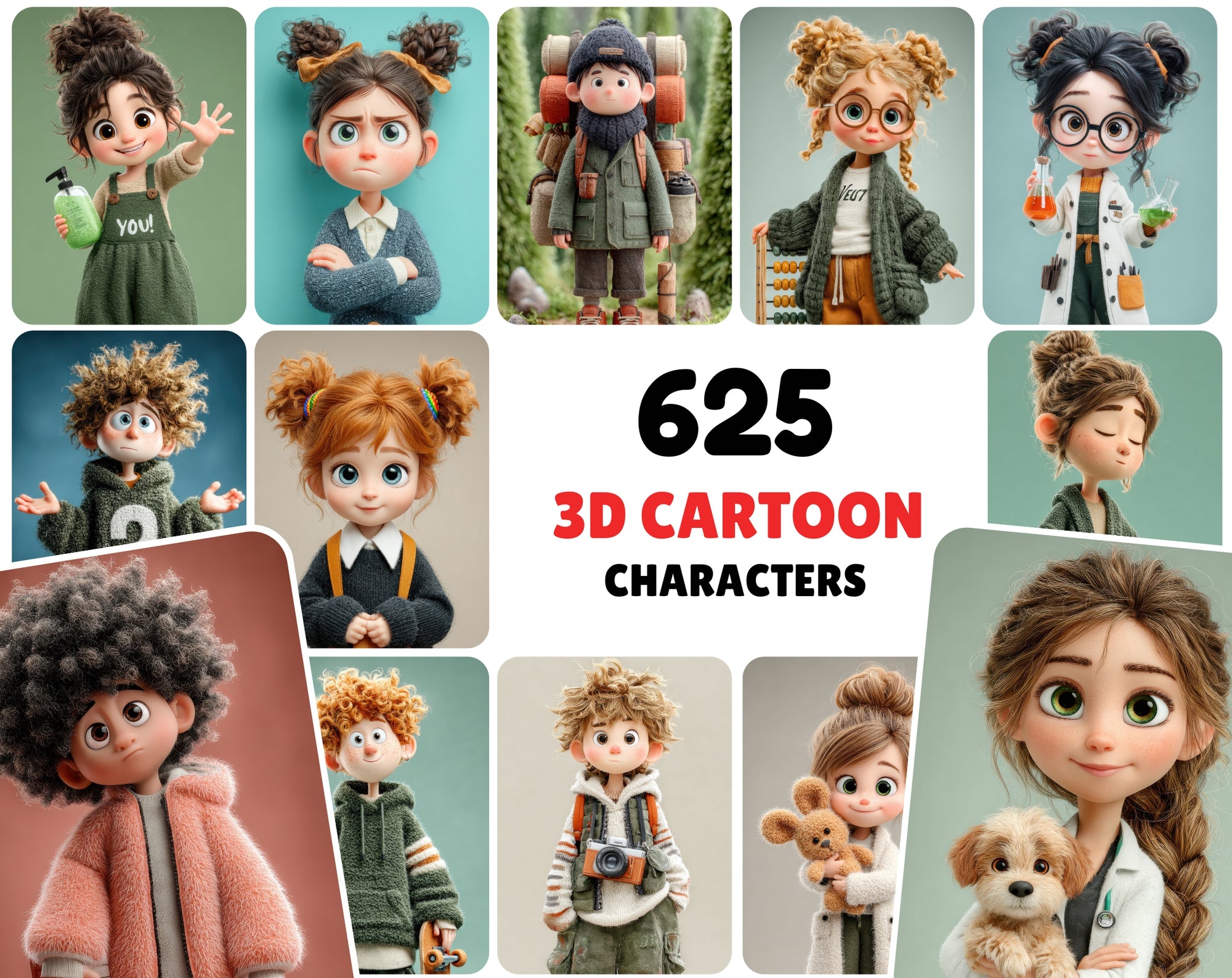 625 Cartoon 3D Boy & Girl Characters – High-Res JPGs with Commercial License