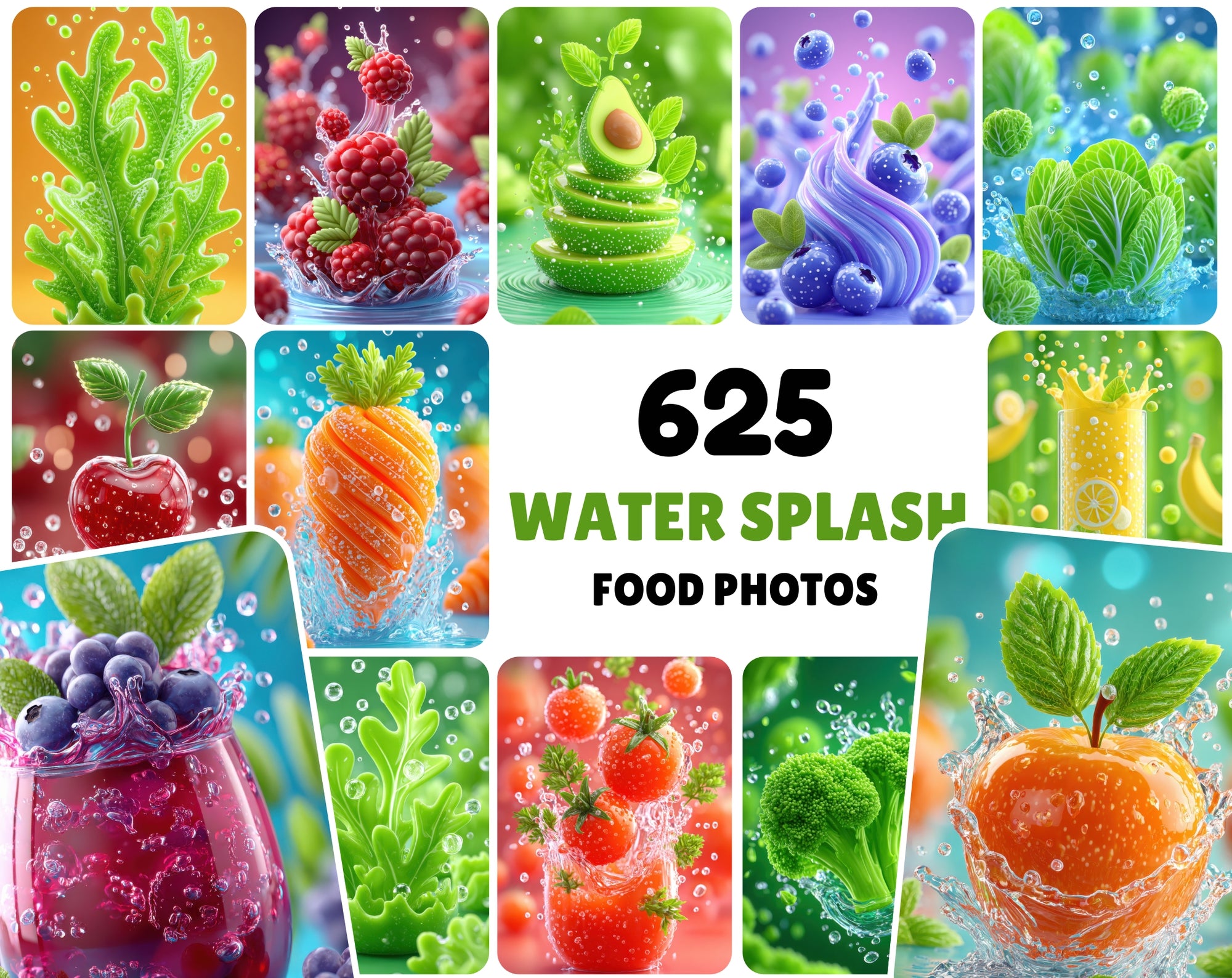 625 Fruit & Veg Water Splash Stock Photos | Vertical 9:16 JPG Bundle