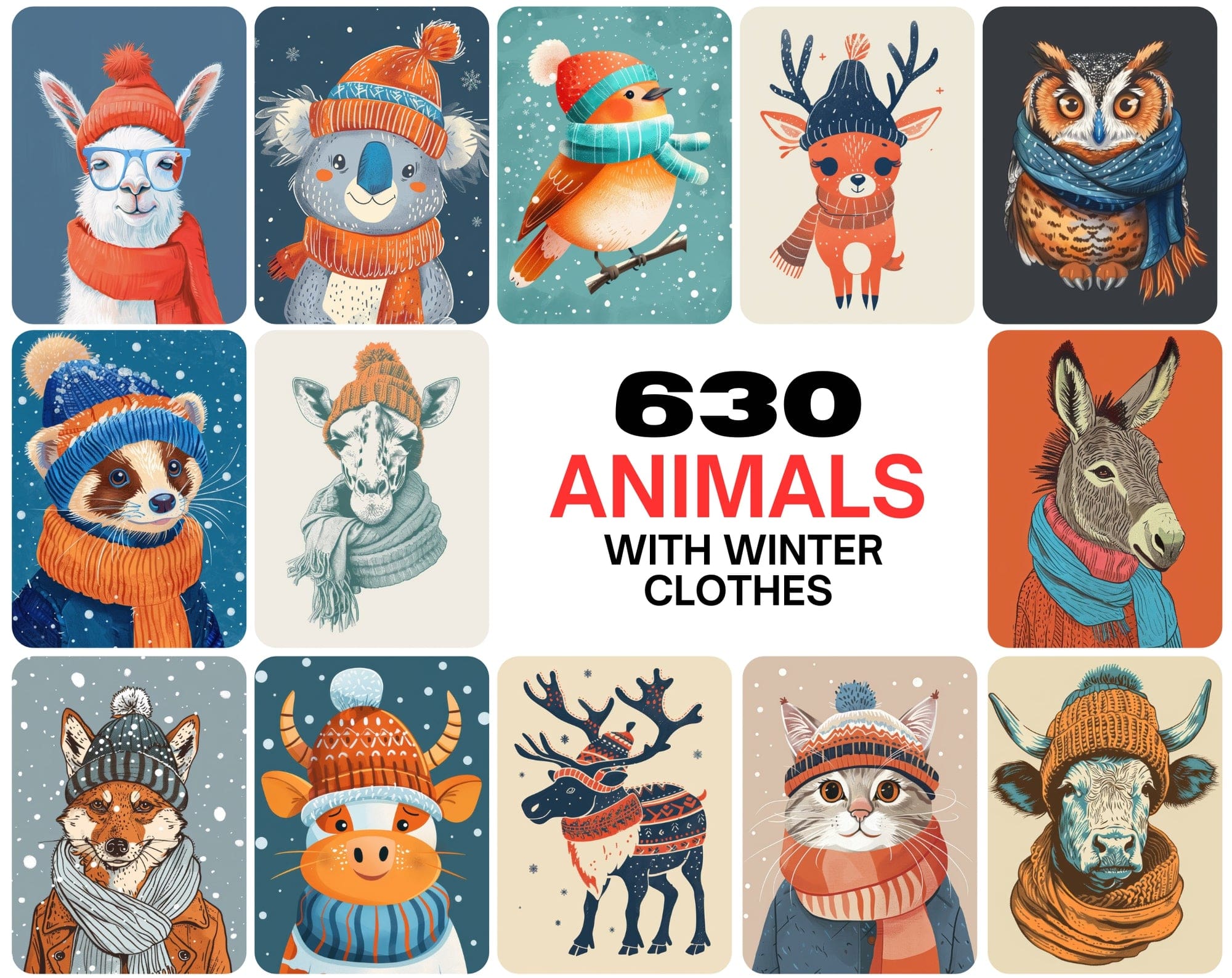 630 Adorable Animal Illustrations in Winter Clothes Digital Download Sumobundle