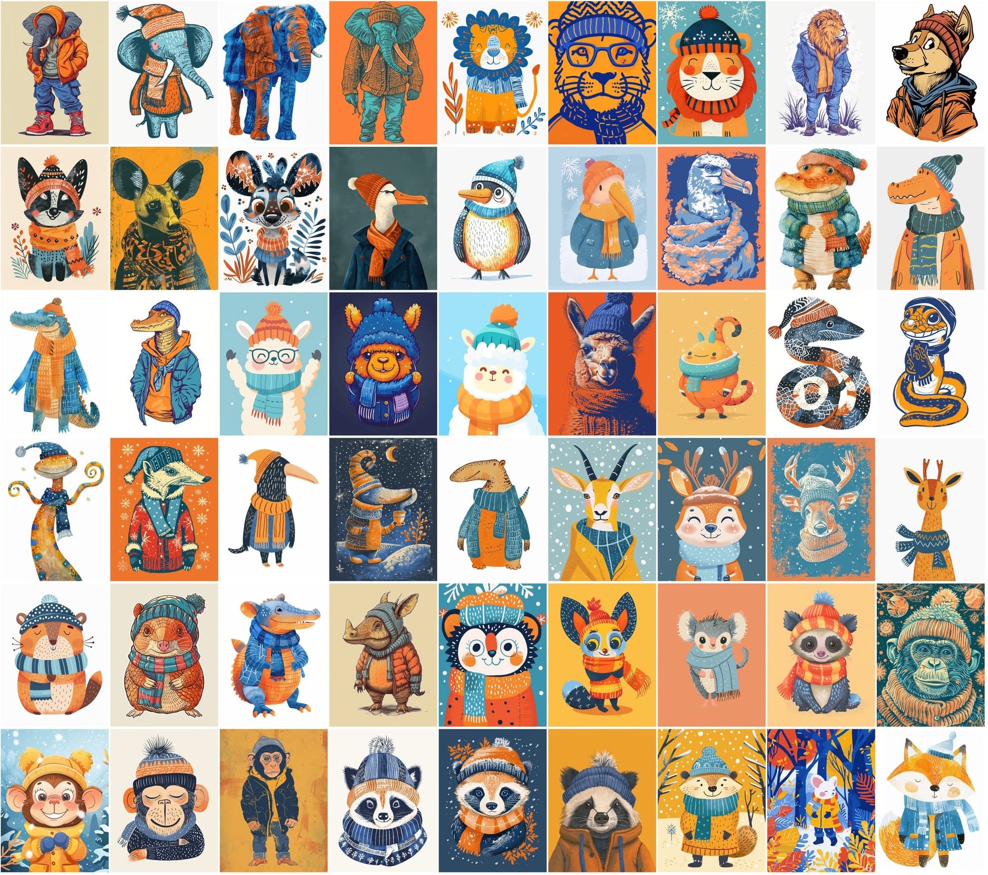 630 Adorable Animal Illustrations in Winter Clothes Digital Download Sumobundle