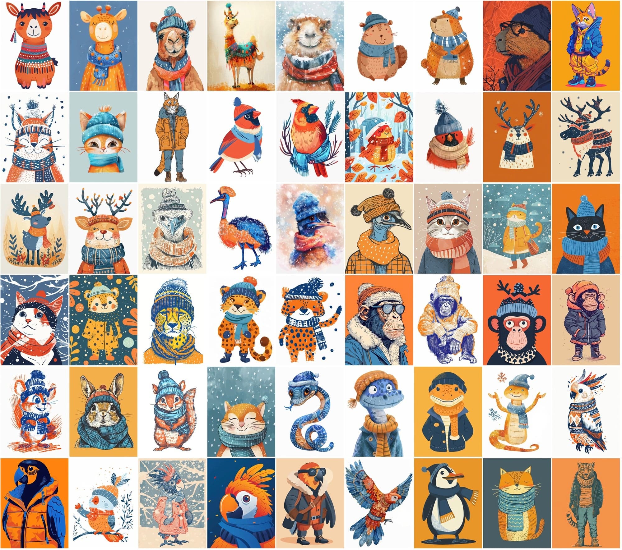 630 Adorable Animal Illustrations in Winter Clothes Digital Download Sumobundle