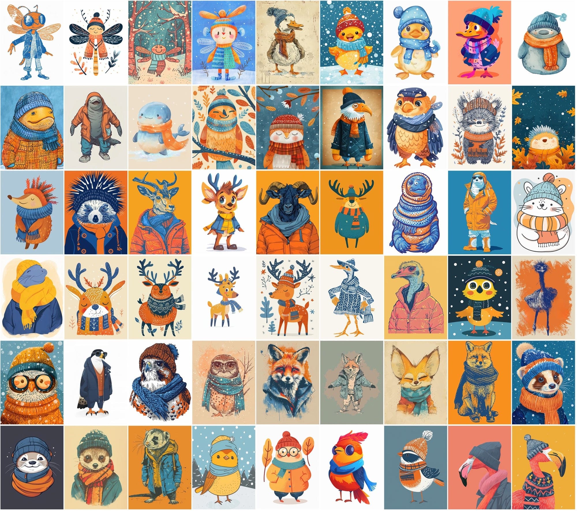 630 Adorable Animal Illustrations in Winter Clothes Digital Download Sumobundle