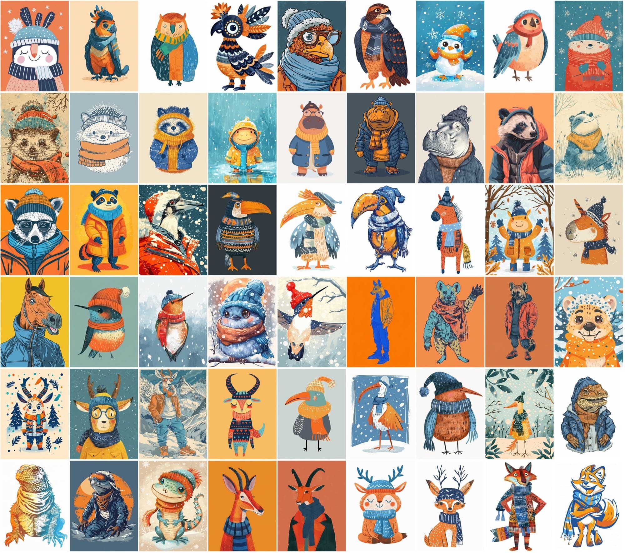 630 Adorable Animal Illustrations in Winter Clothes Digital Download Sumobundle