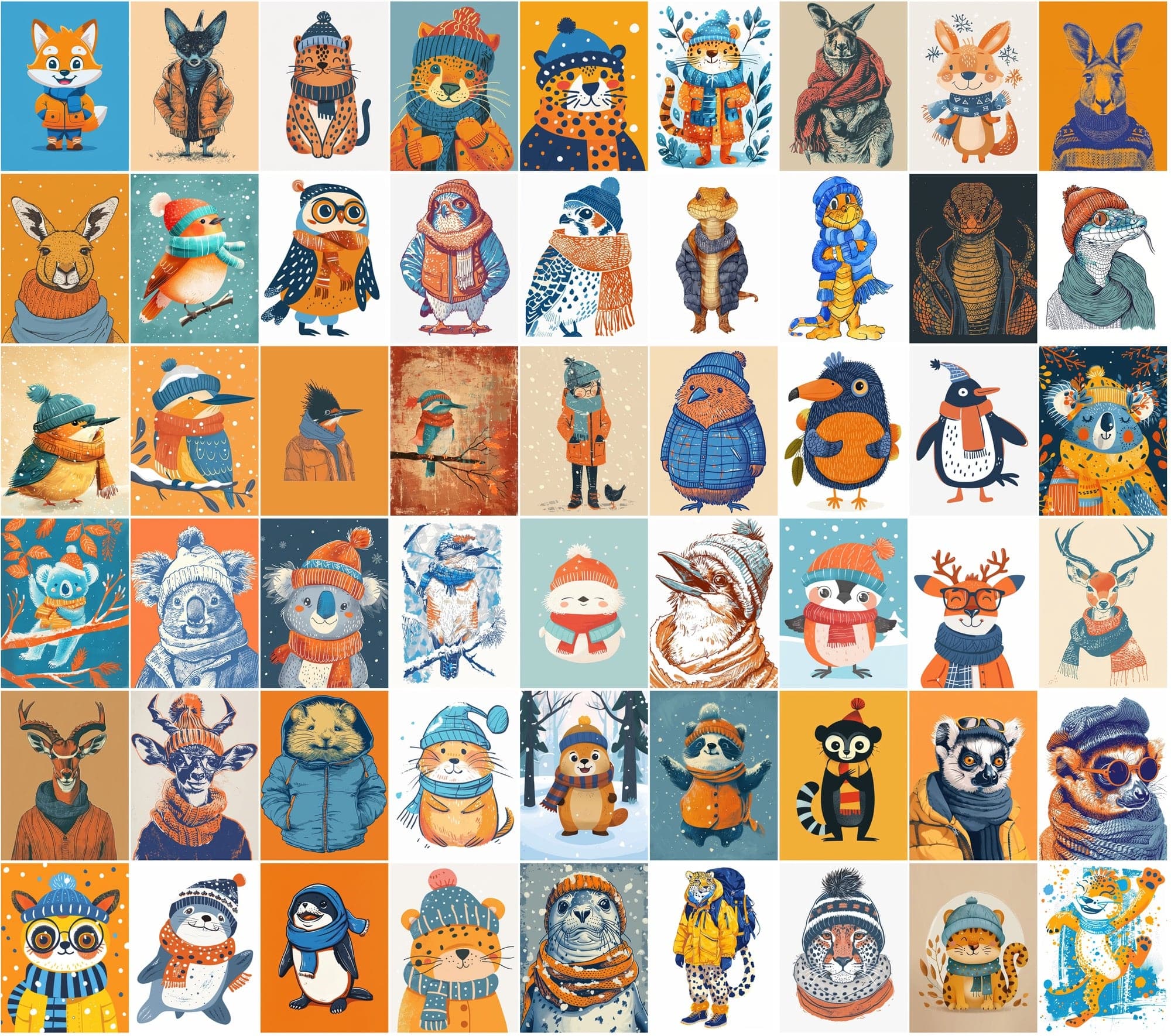 630 Adorable Animal Illustrations in Winter Clothes Digital Download Sumobundle