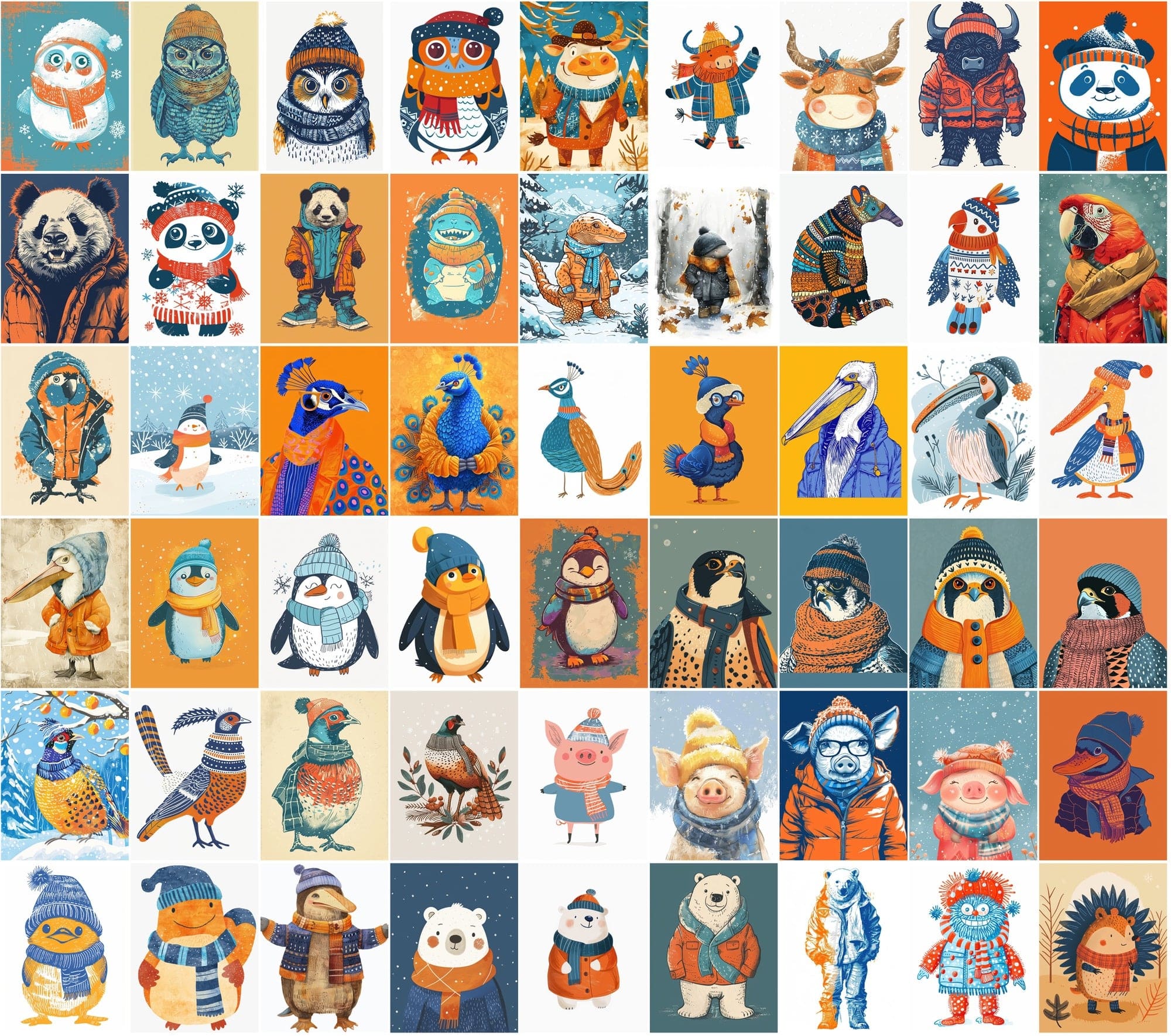 630 Adorable Animal Illustrations in Winter Clothes Digital Download Sumobundle