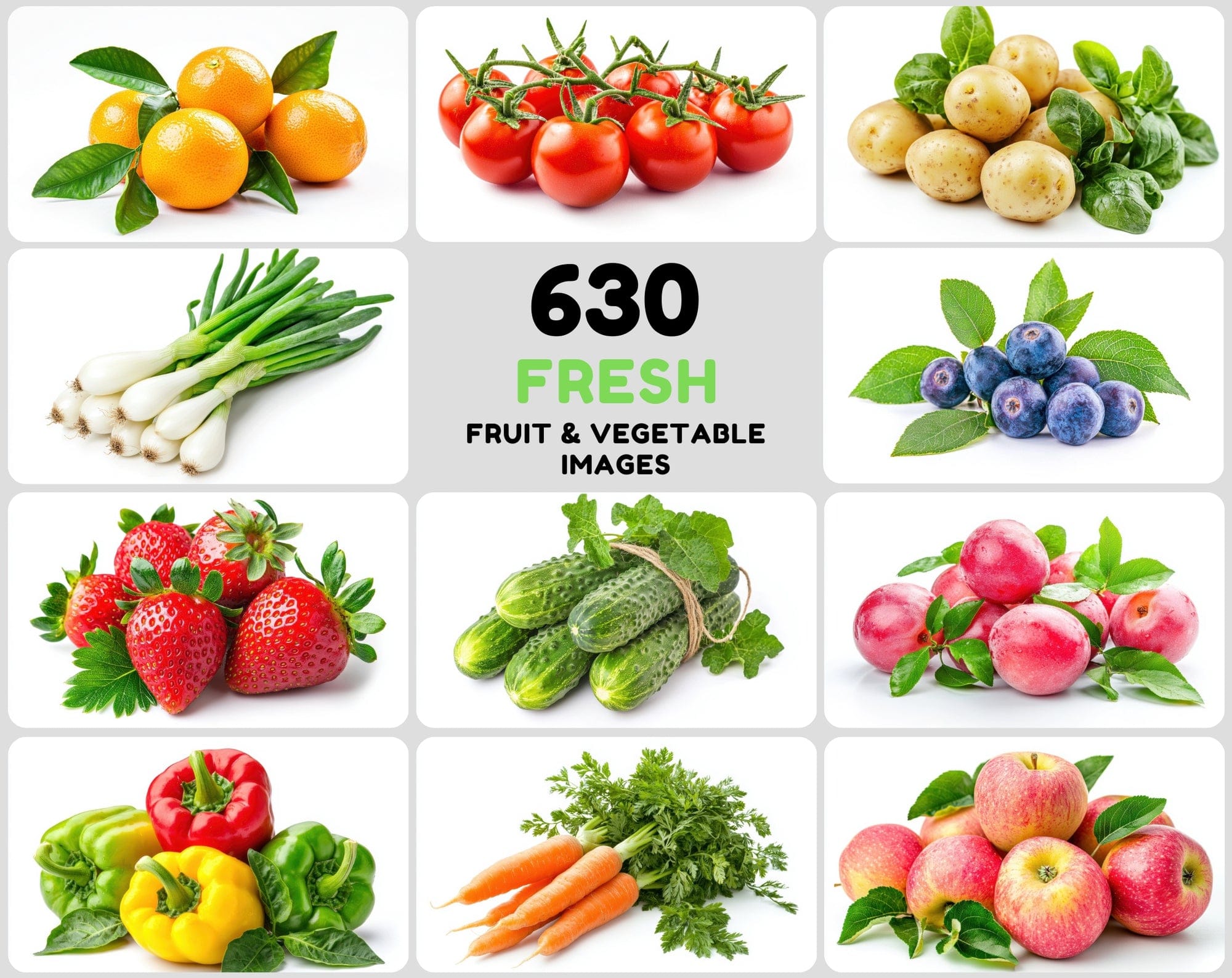 630 Premium Fruit & Vegetable Images | White Background | Green Leaves | Food Photography Digital Download Sumobundle