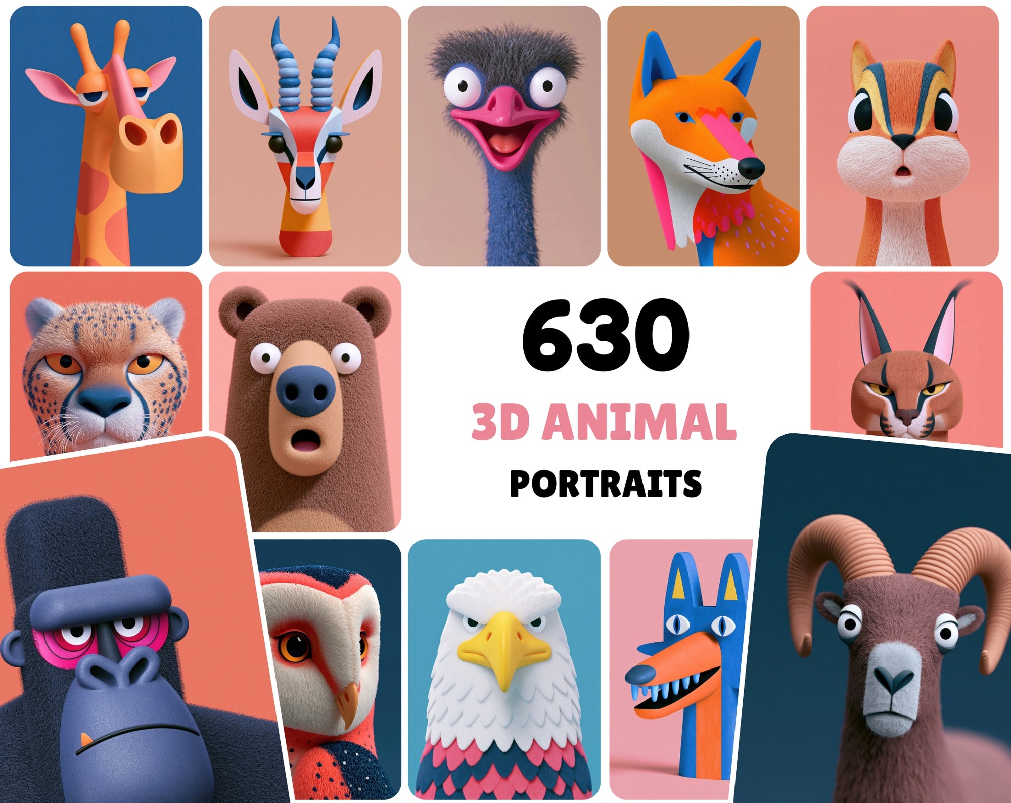 630 3D Animal Portrait Bundle | Stylized Clay & Paper-Craft Animal Head Art, Bold Color Backgrounds, Commercial Use