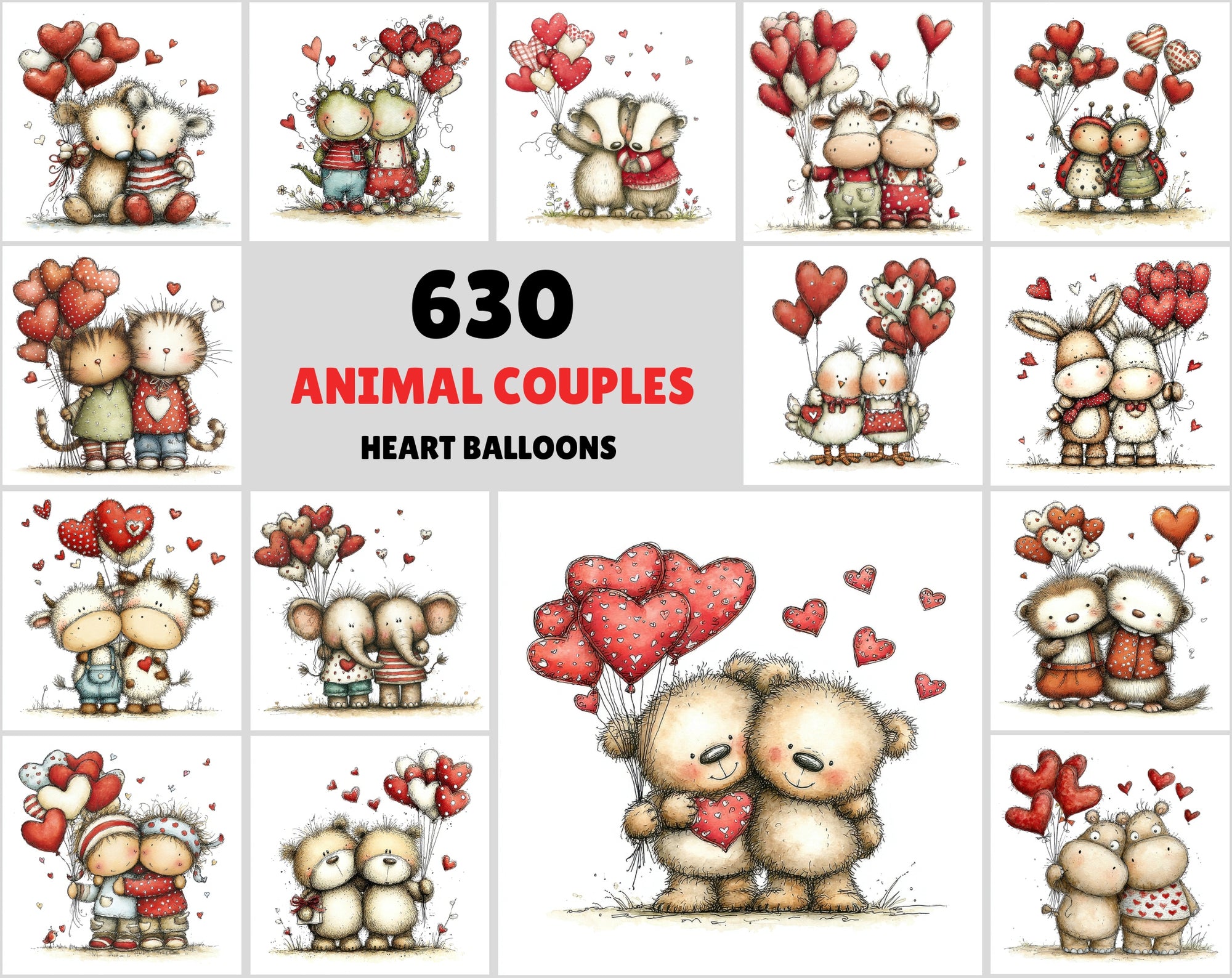 630 Animals Hugging Clipart Bundle | Valentine Cute Watercolor Style