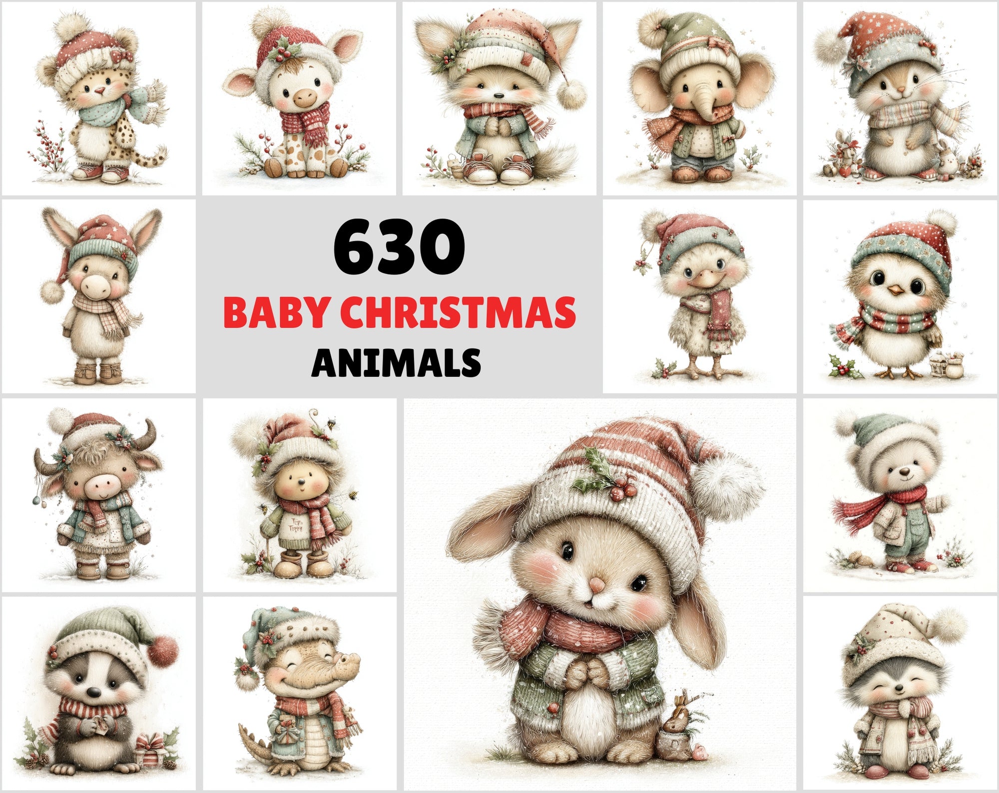 630 Baby Christmas Animal Clipart – Cute Winter Wildlife with Santa Hats & Scarves, Holiday Baby Animals, High-Resolution JPGs