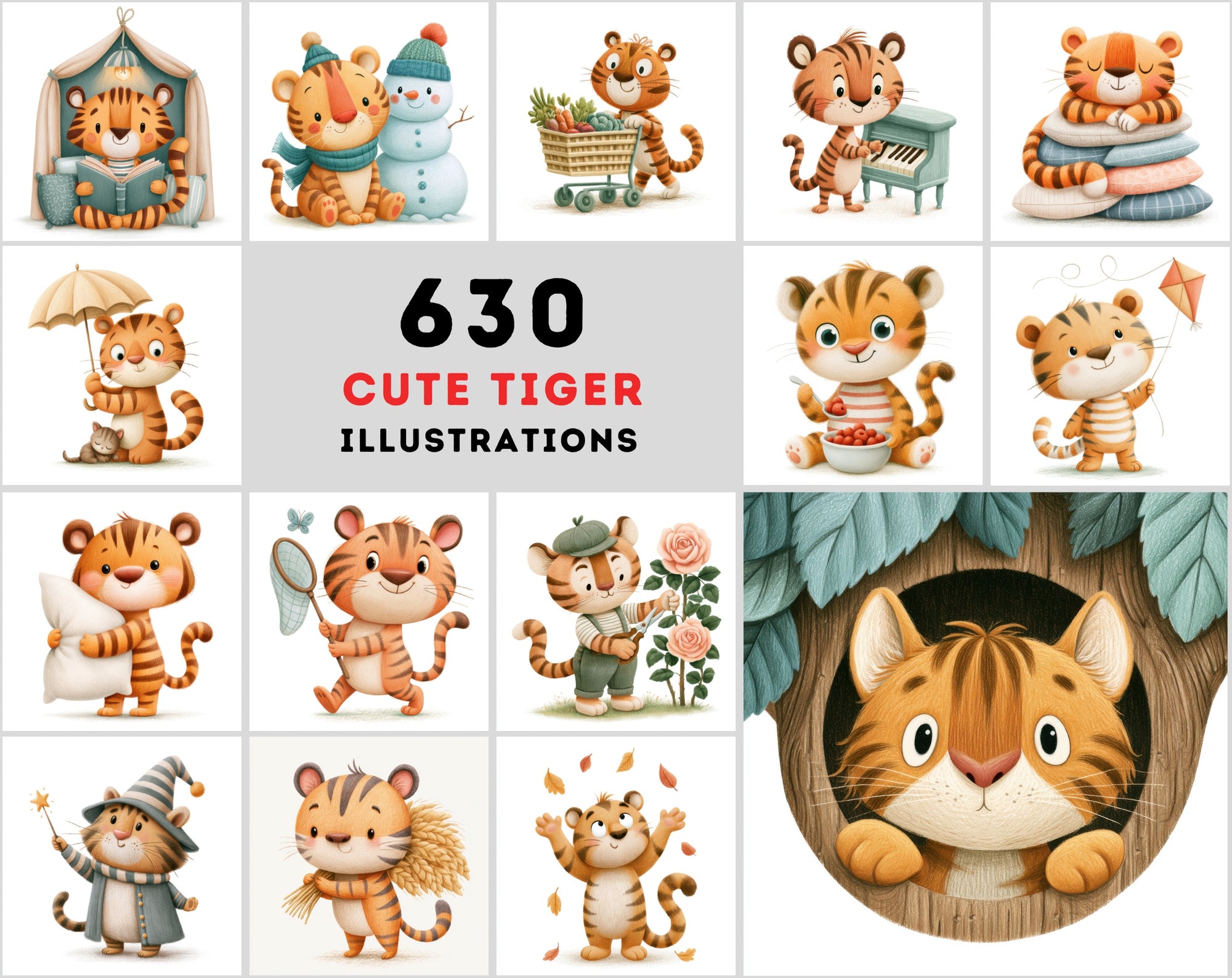 630 Cute Tiger Clipart Bundle | Whimsical Children's Book Illustrations