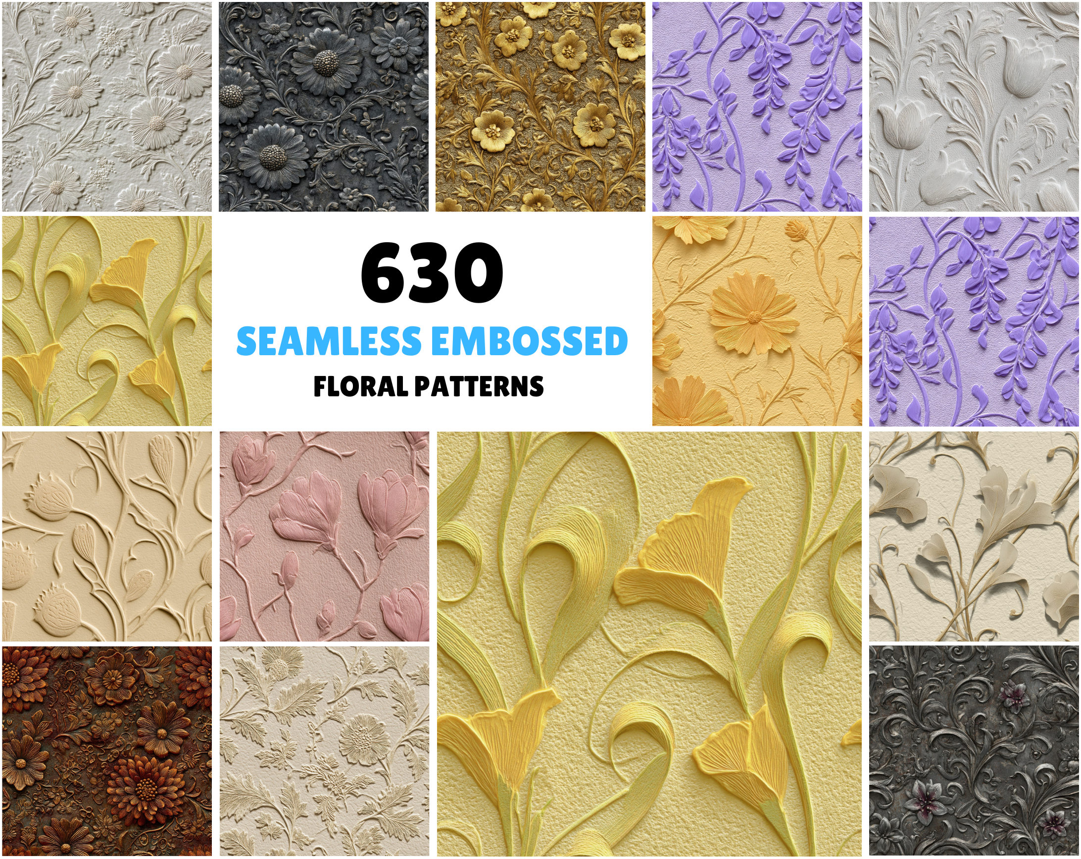 630 Embossed Floral Seamless Patterns Bundle – Luxury Metal & Paper Textures