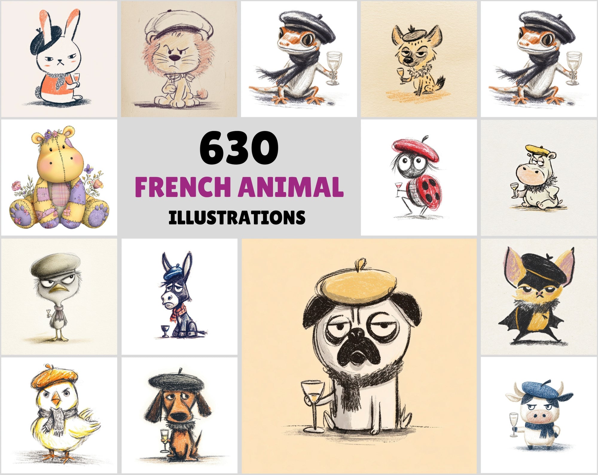 630 French Animal Illustrations Bundle