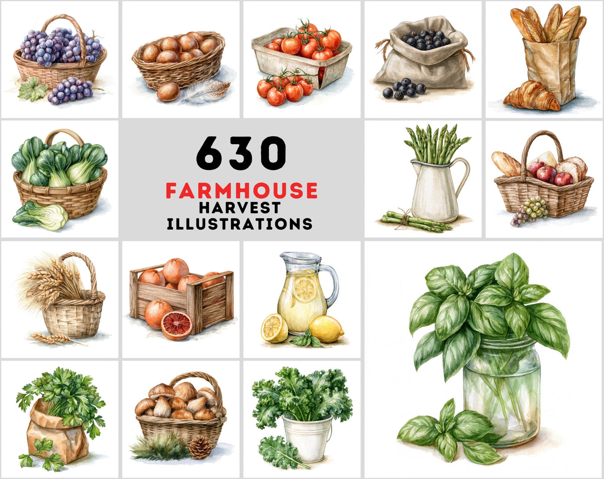 630 Fruit & Vegetable Illustrations – Farmhouse Kitchen Clipart Bundle, Harvest Food Art
