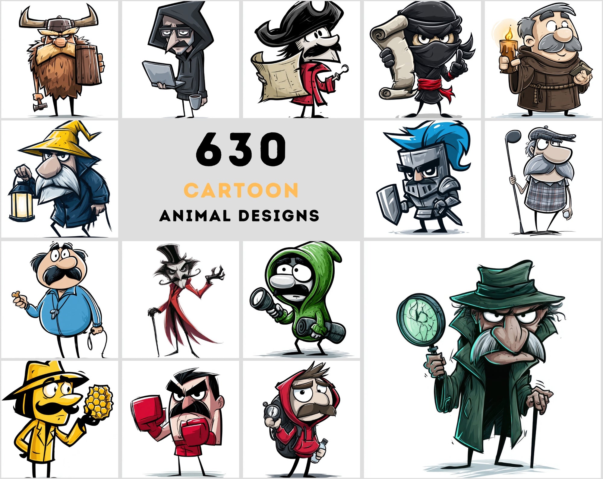 630 Funny Animal Cartoon Clipart Bundle, Cute Character JPG Images