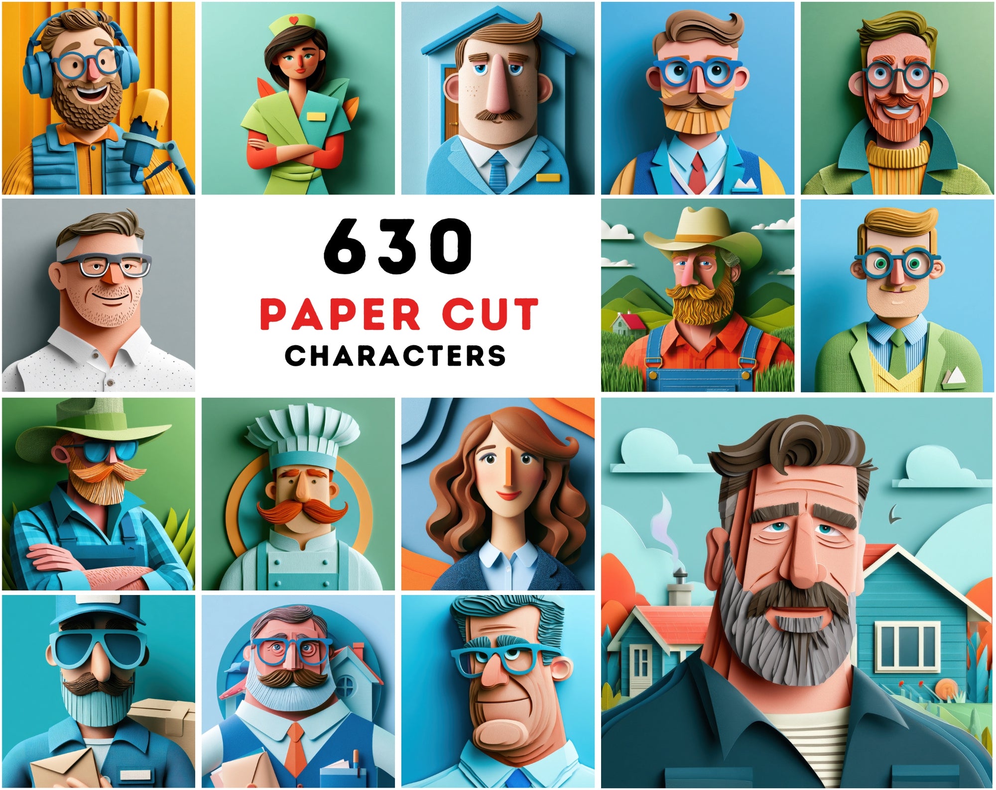 630 Layered Paper Cut Professional Character Illustrations