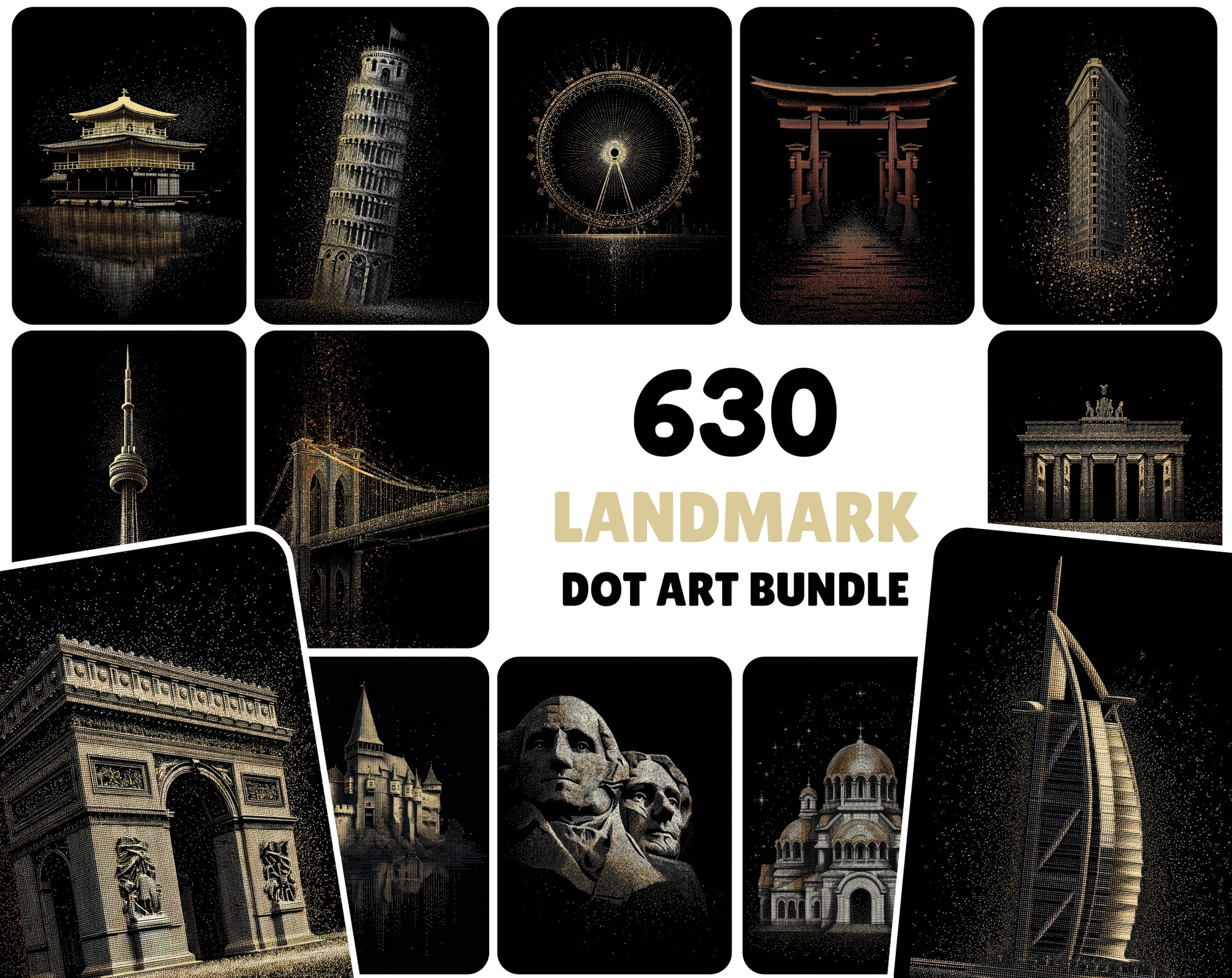 630 Minimalist Landmark Dots Bundle | Gold & Silver Glitter on Black