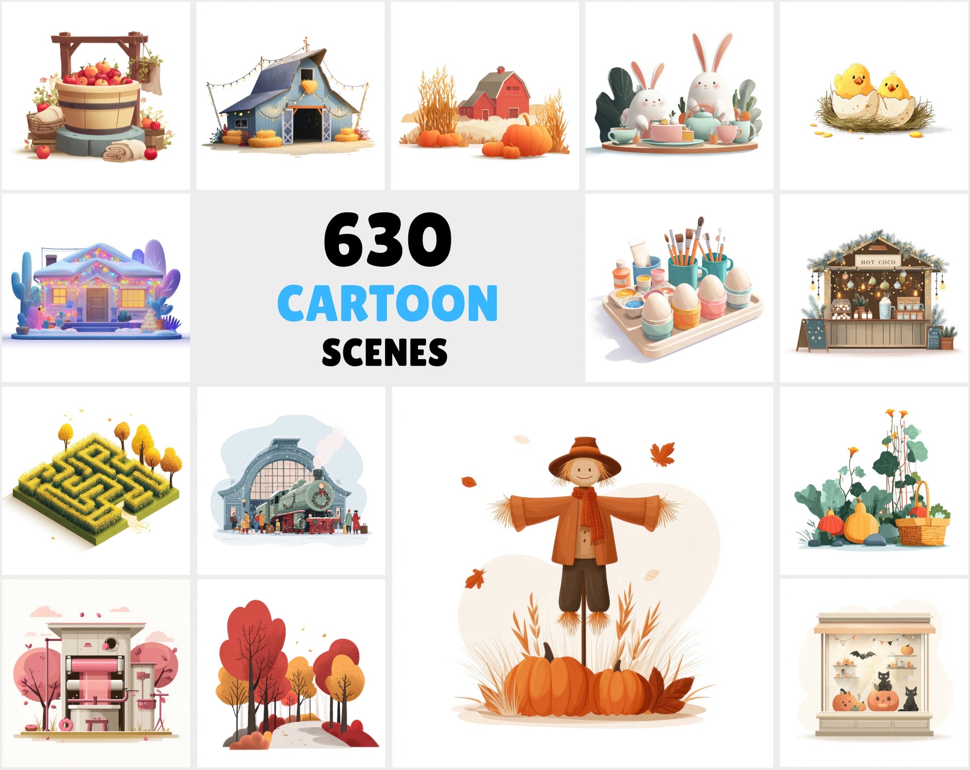 630 Minimalistic Cartoon Illustrations | Holiday & Seasonal Scenes