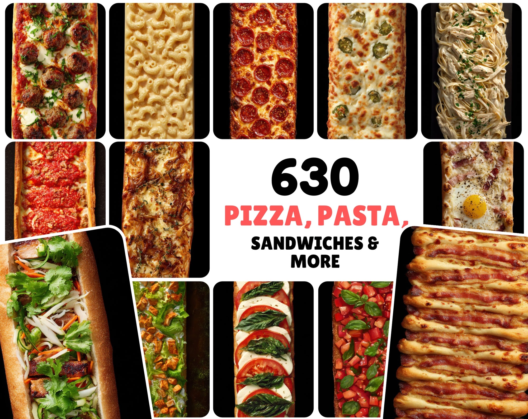 630 Realistic Food Images Bundle | Pizza, Pasta, Sandwiches & More | 9:16 Vertical Stock Photos