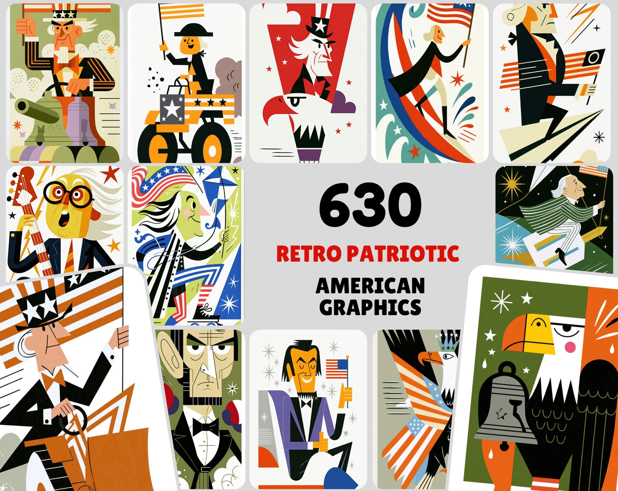 630 Retro Patriotic Cartoon Illustrations, American Eagle Clipart Bundle, Vintage USA JPG Art, Commercial License
