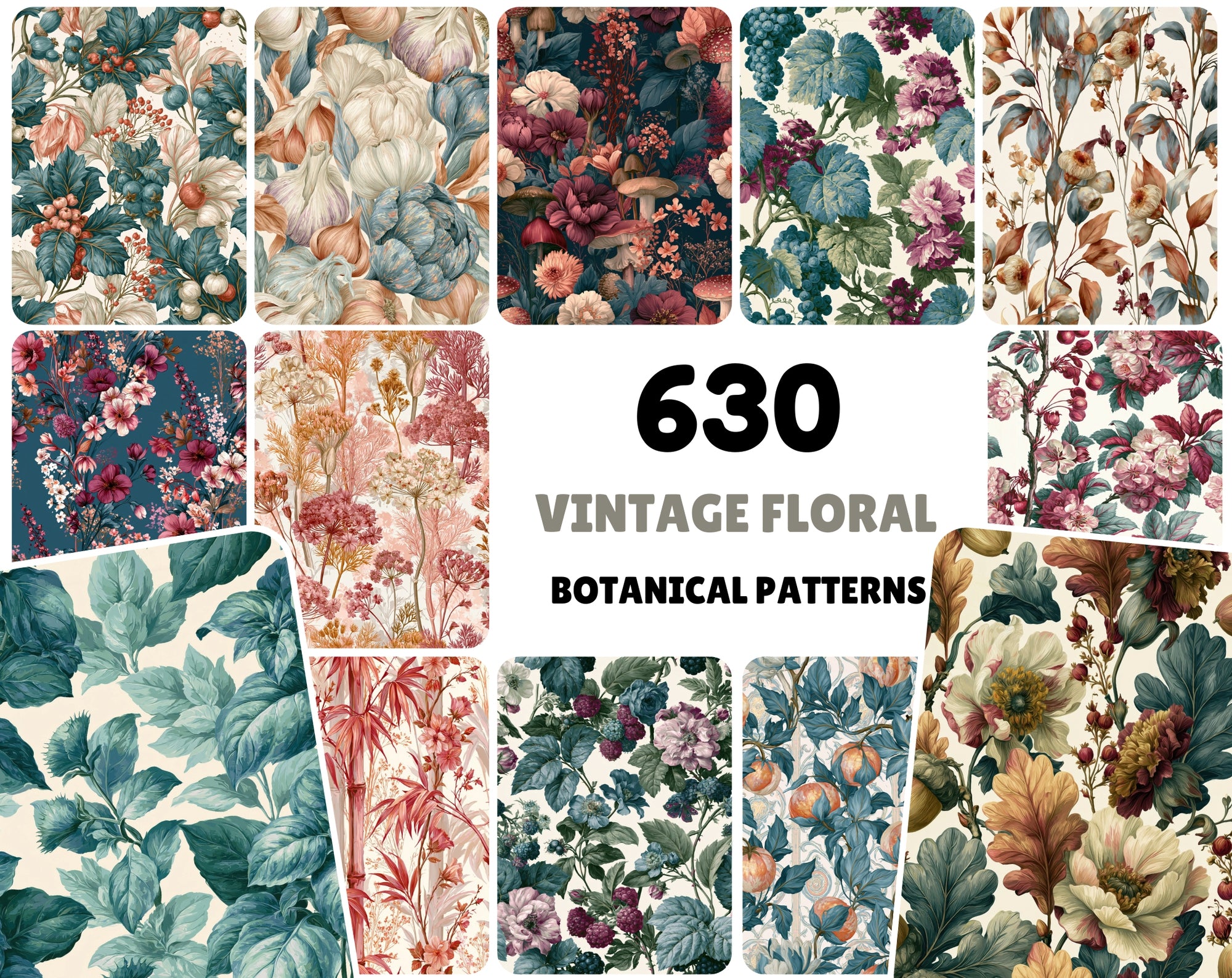 630 Vintage Floral Patterns Bundle | High-Res Botanical Digital Paper Pack