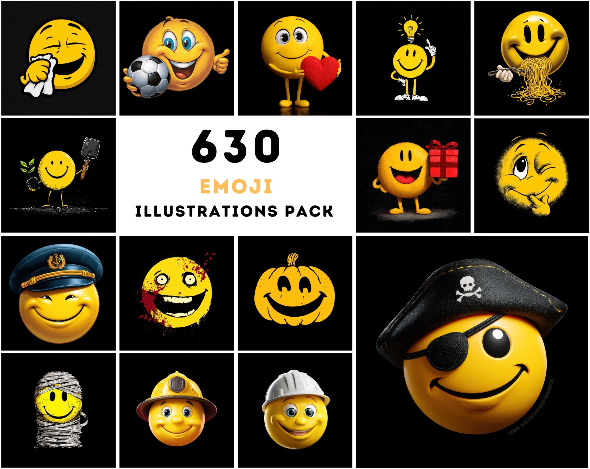 630 Yellow Emoticon Clipart Illustrations Bundle for Commercial Use